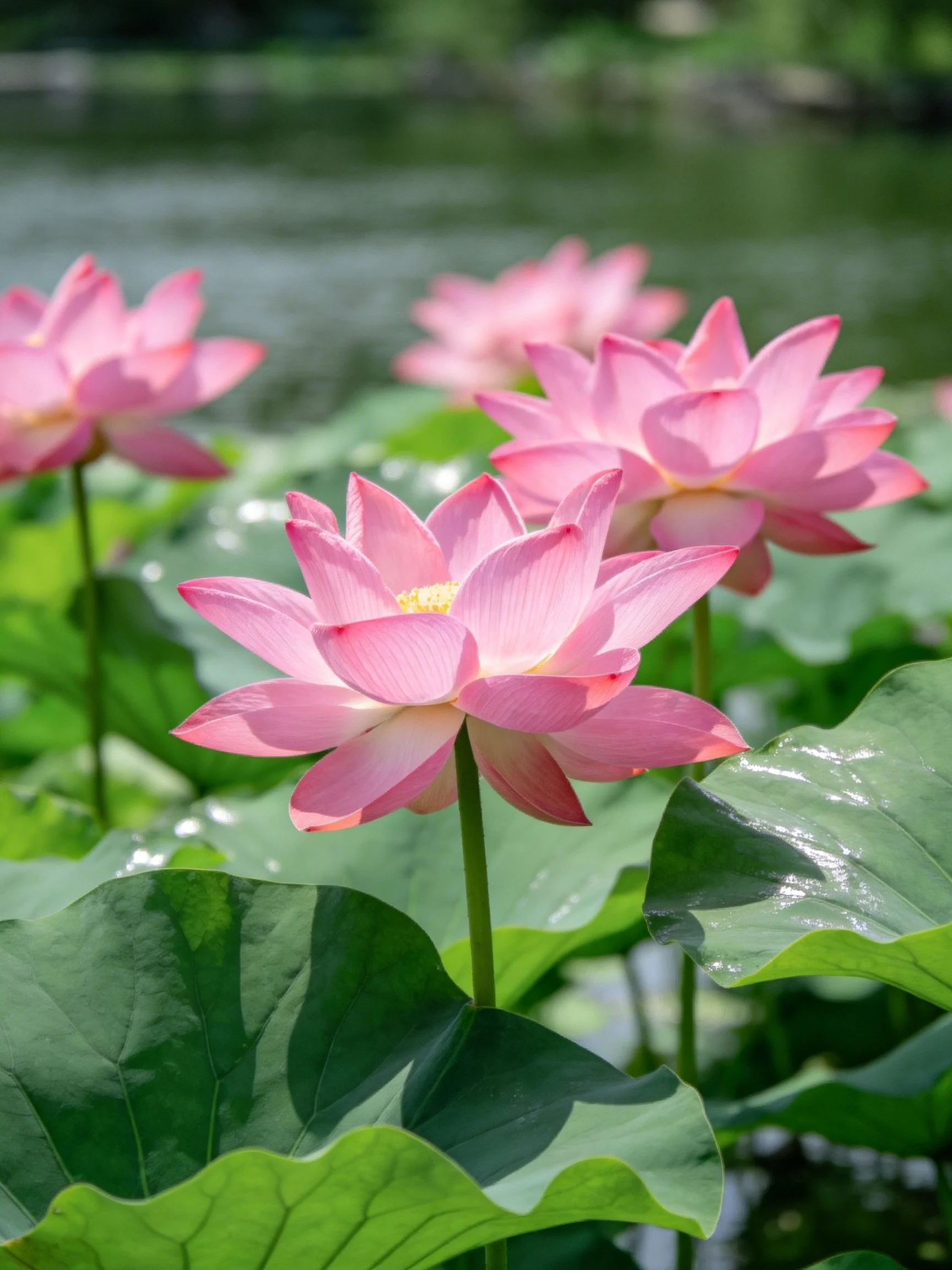 Pink lotuses bloom among large green leaves near calm water