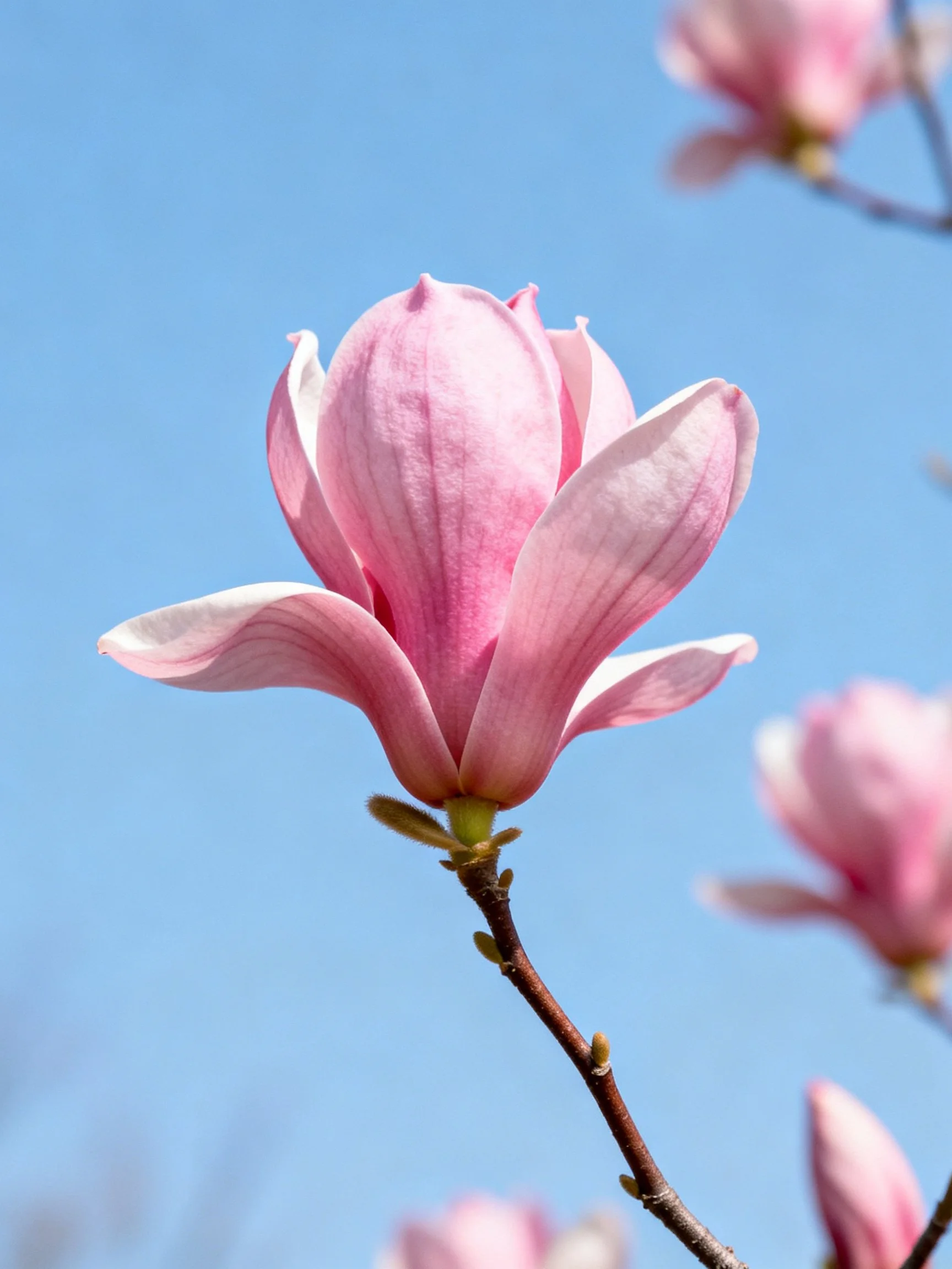 Pink magnolia blooms with soft petals under clear blue sky