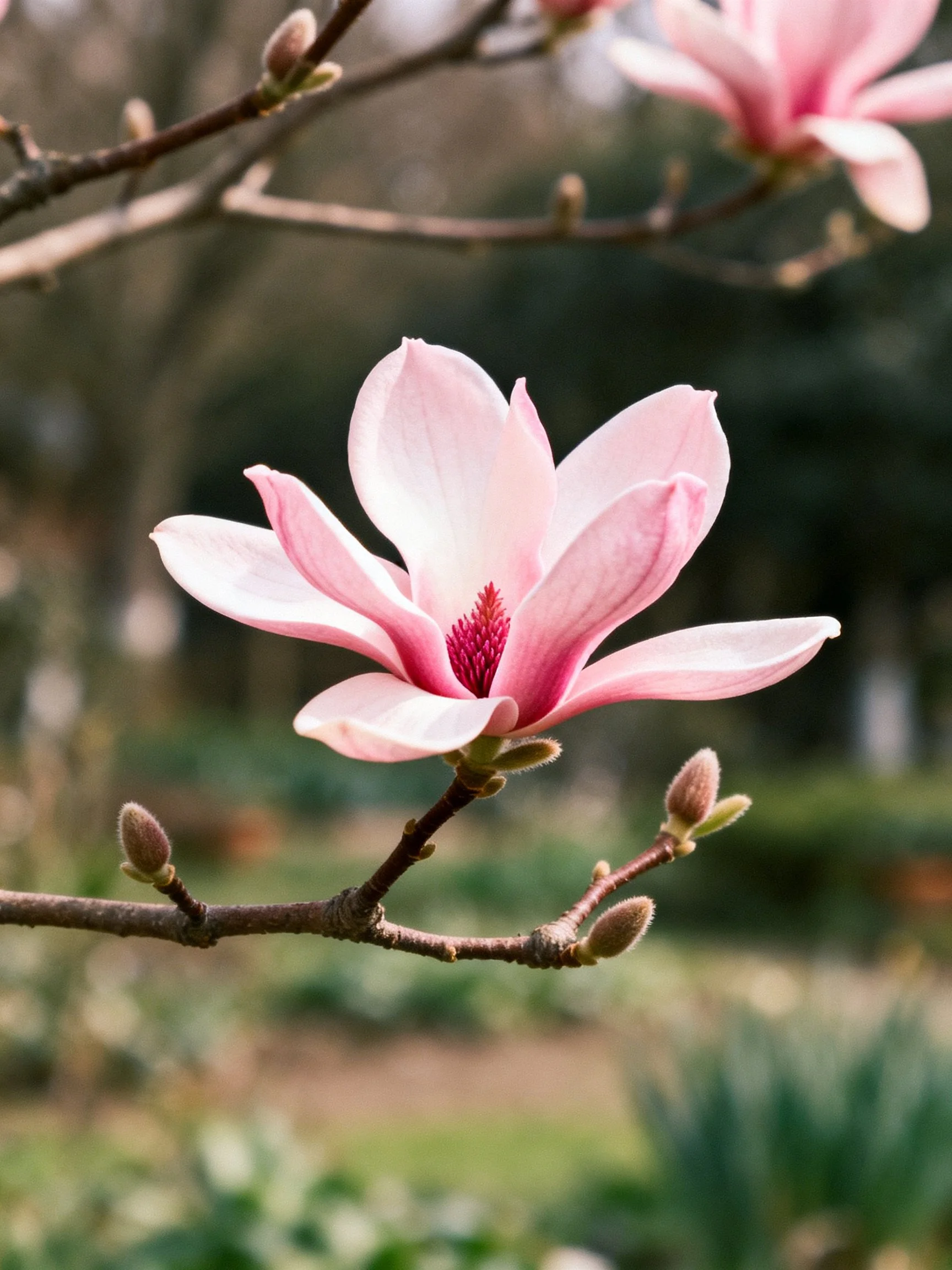 Pink magnolia blossom with buds on branch