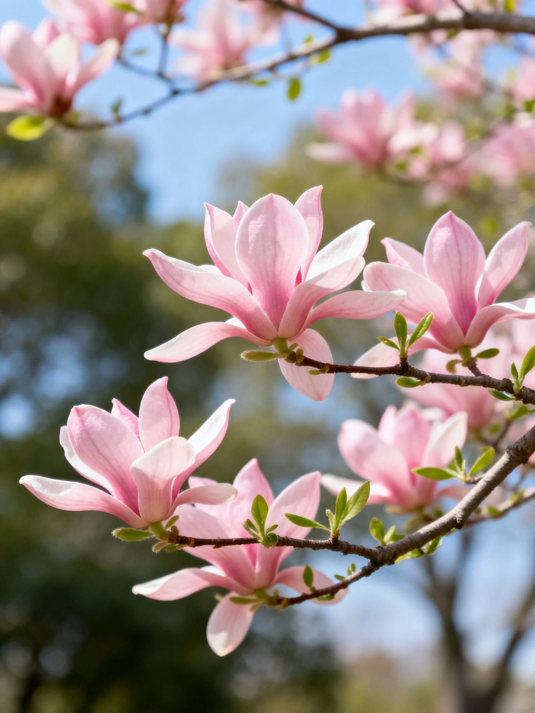 Pink magnolia blossoms bloom on branches with green buds under clear blue sky