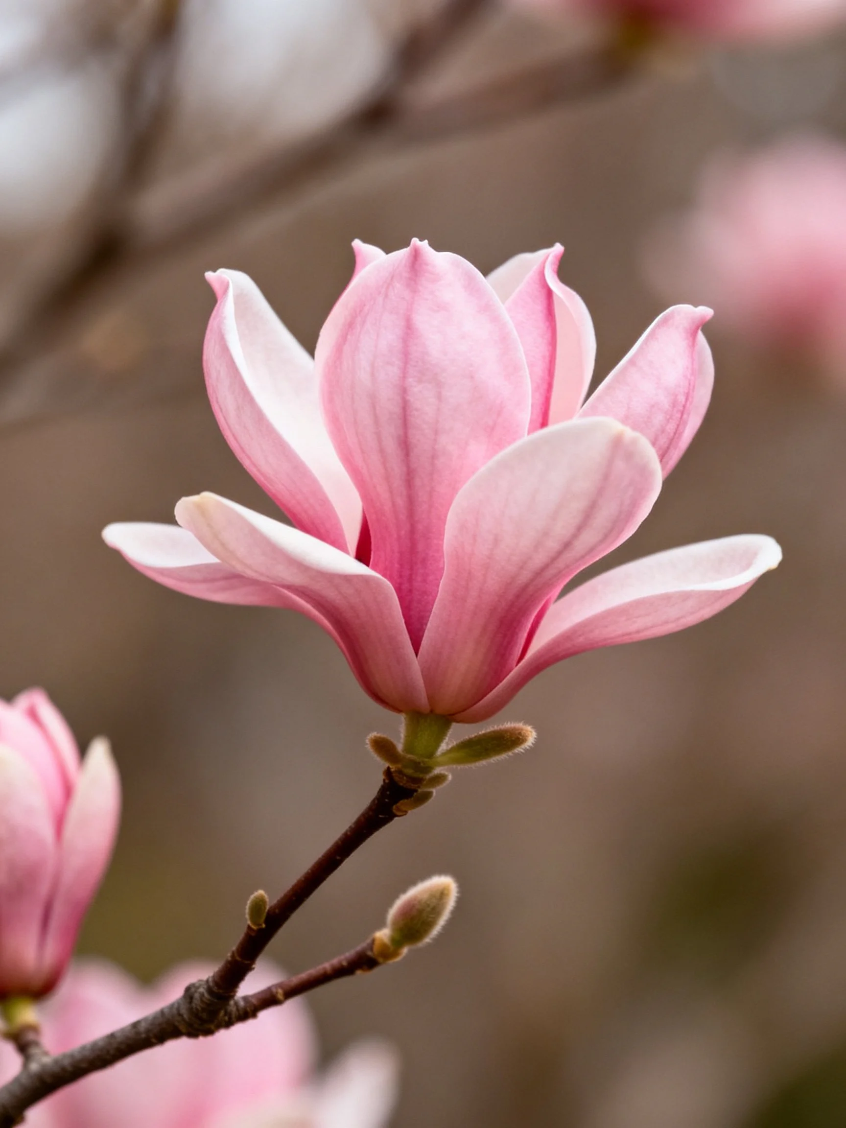 Pink magnolia flower with delicate petals on a branch