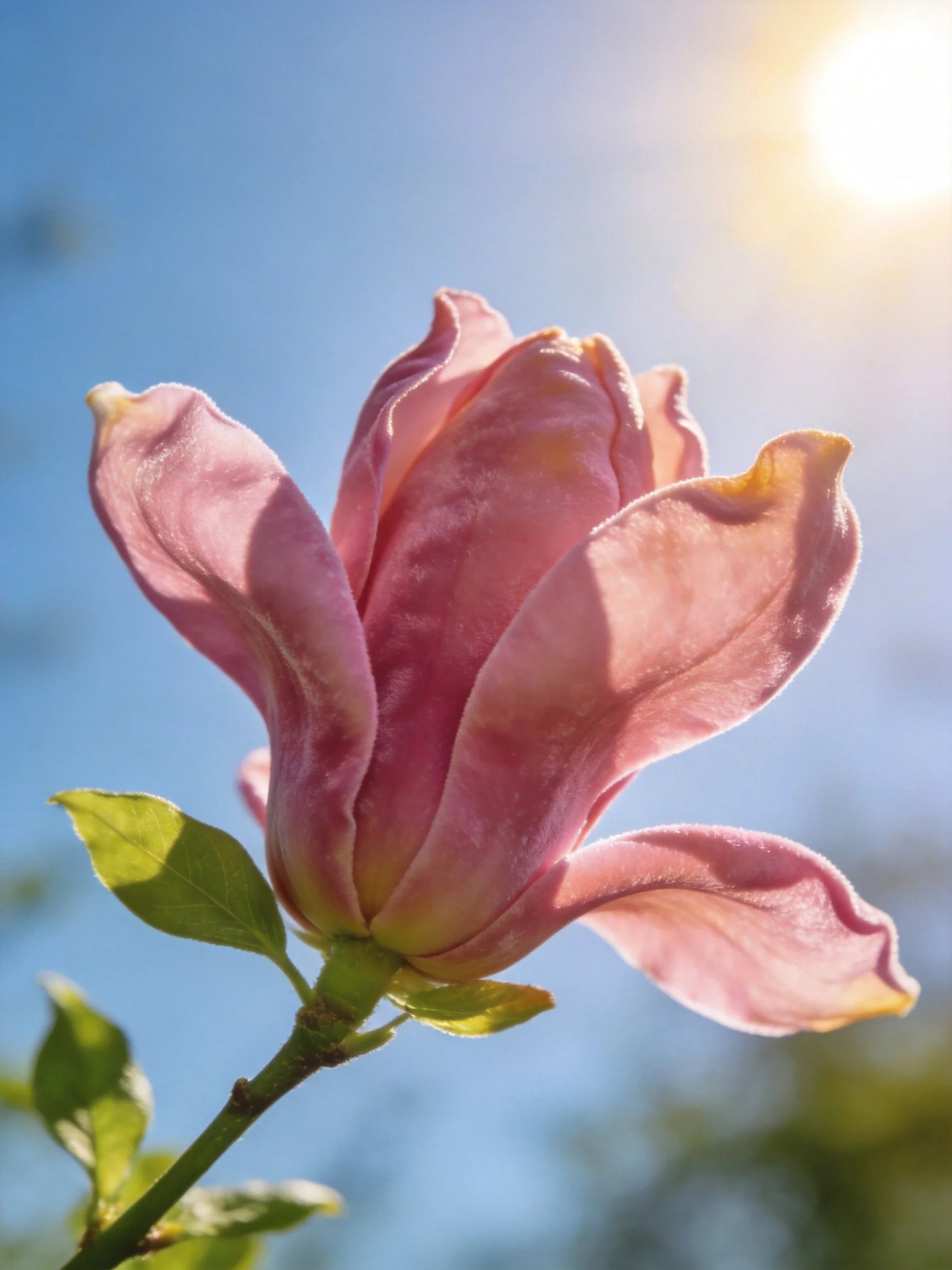 Pink magnolia flower with green leaves under sunny sky