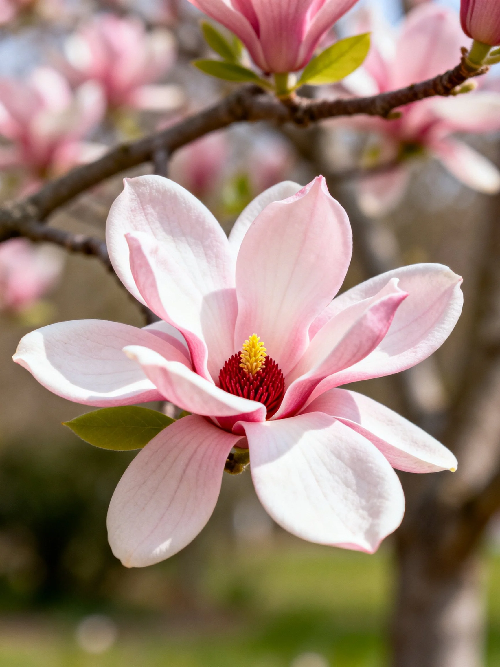 Pink magnolia flower with layered petals and vibrant center