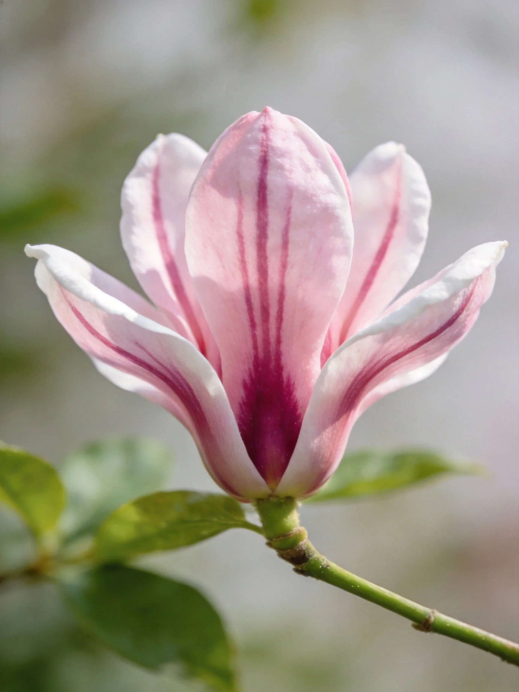 Pink magnolia flower with purple streaks and green leaves