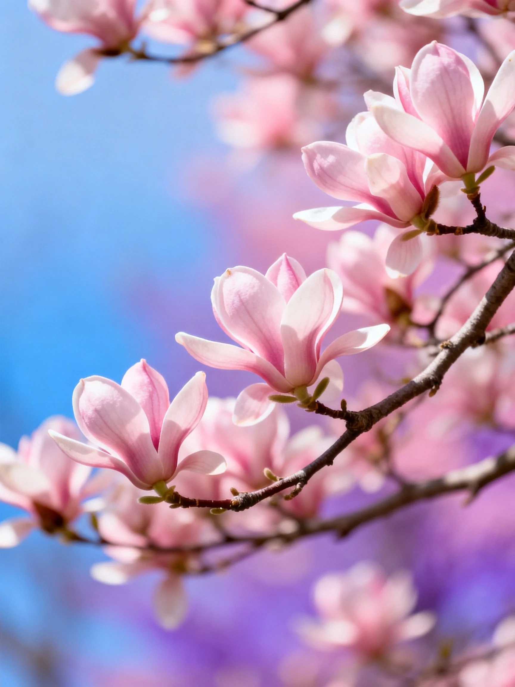Pink magnolia flowers bloom on branches against blue sky