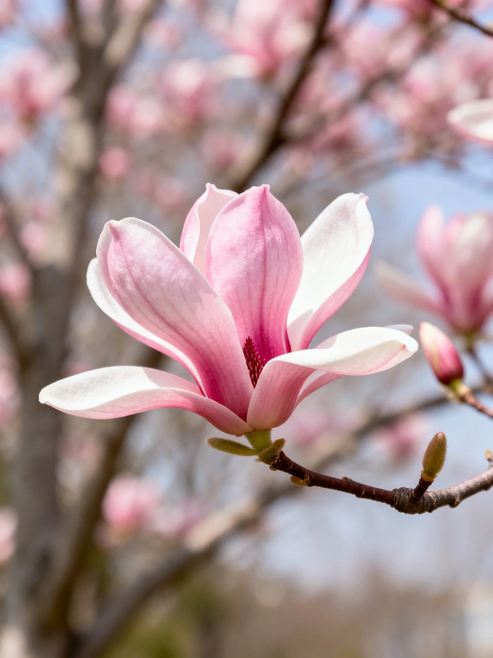 Pink magnolia flowers blooming on a branch with buds