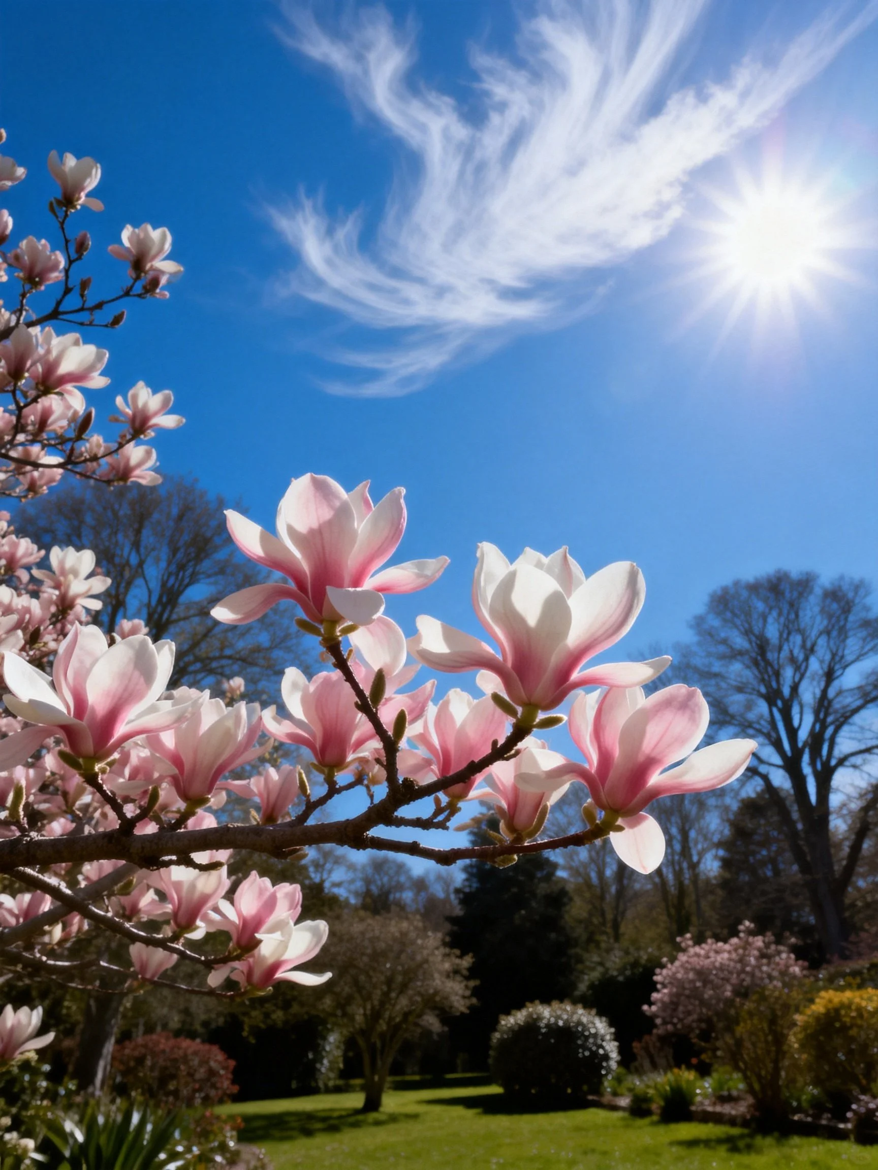 Pink magnolias bloom against a bright blue sky with sunlight