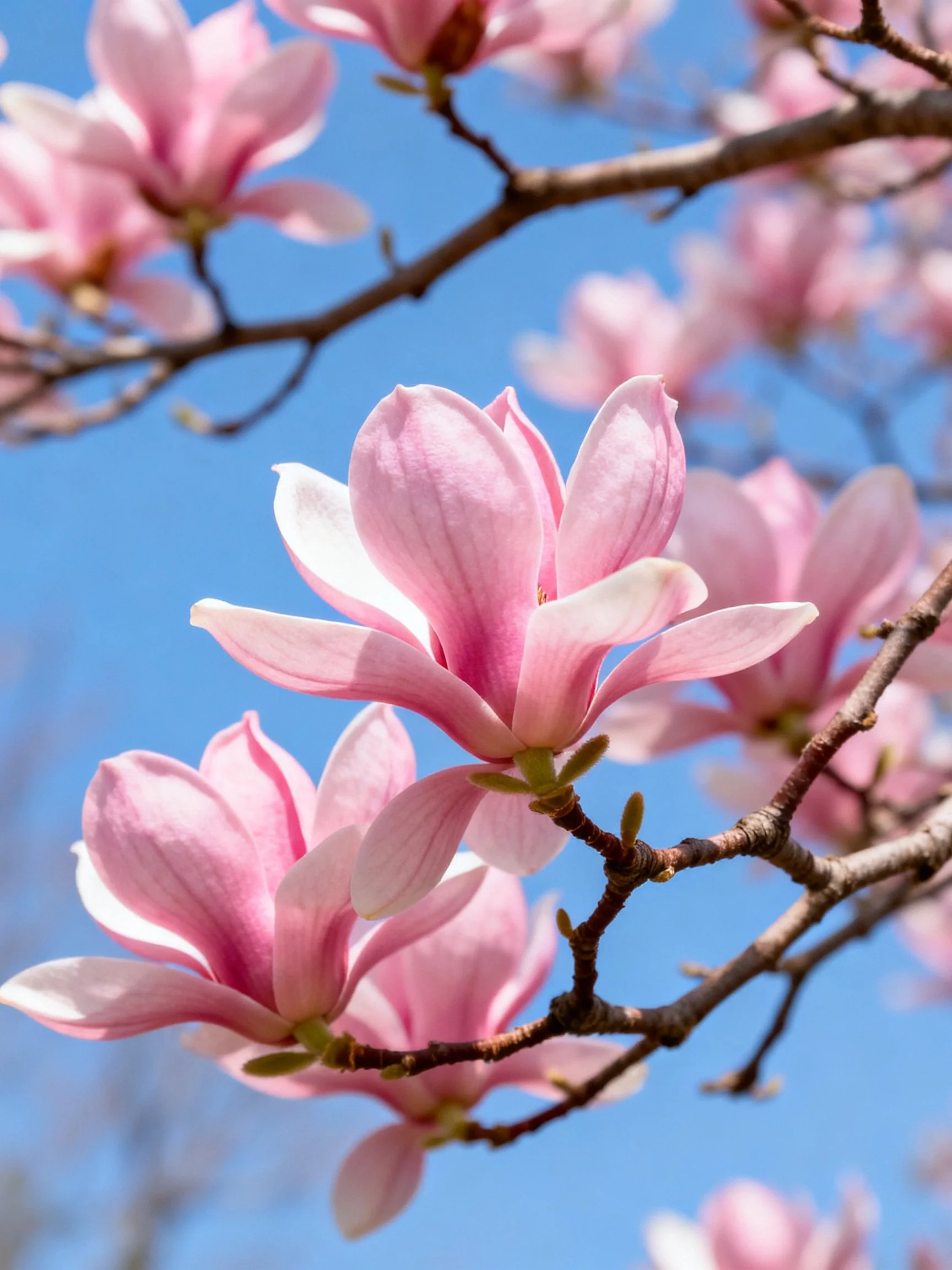 Pink magnolias bloom on branches against clear blue sky