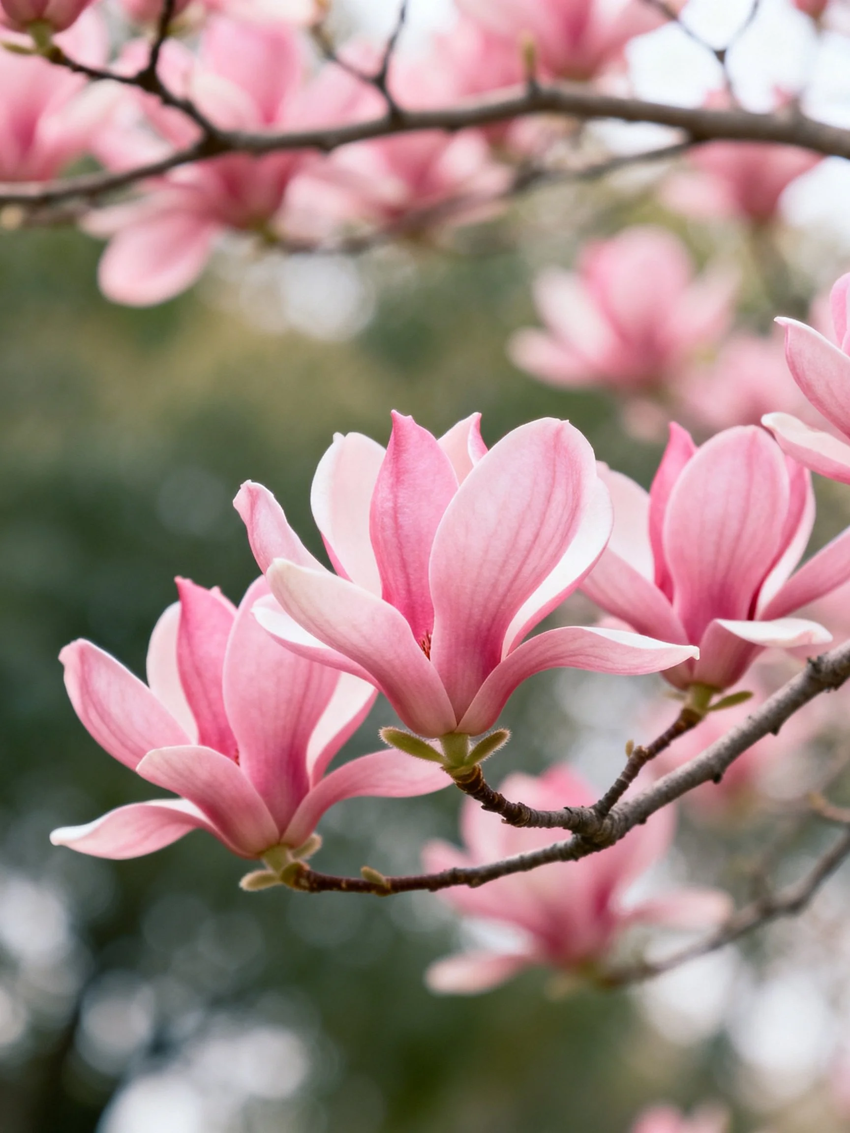 Pink magnolias bloom on slender branches with soft focus