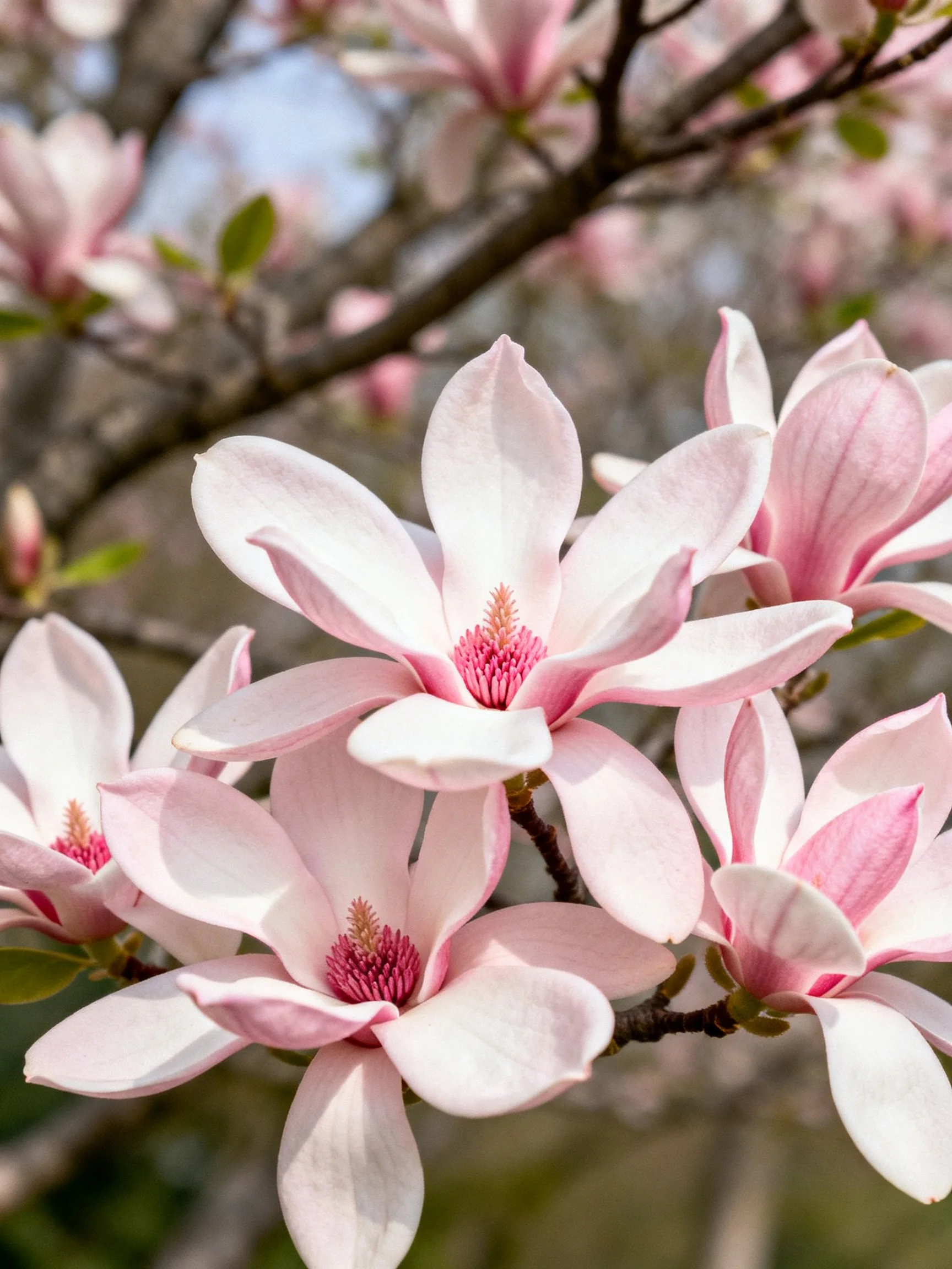 Pink magnolias bloomamong dark branches with soft lighting