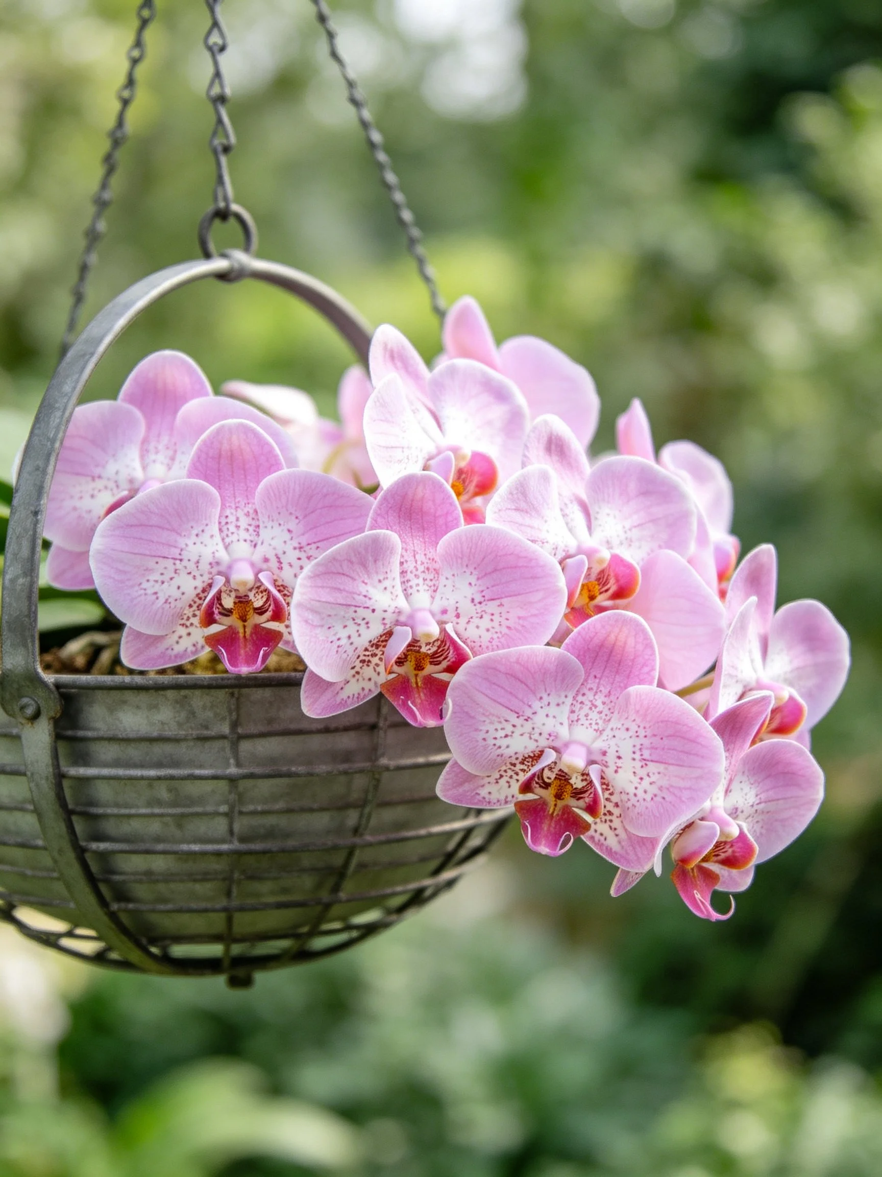 Pink moth orchids in a hanging metal basket