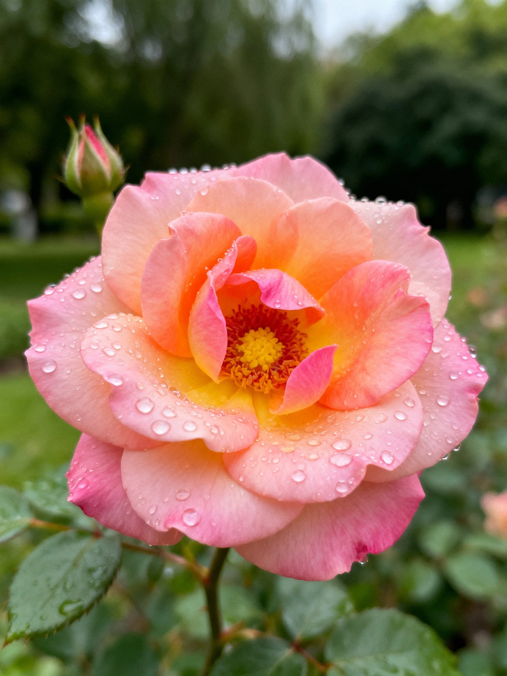 Pink-orange rose with dew drops, amidst green foliage