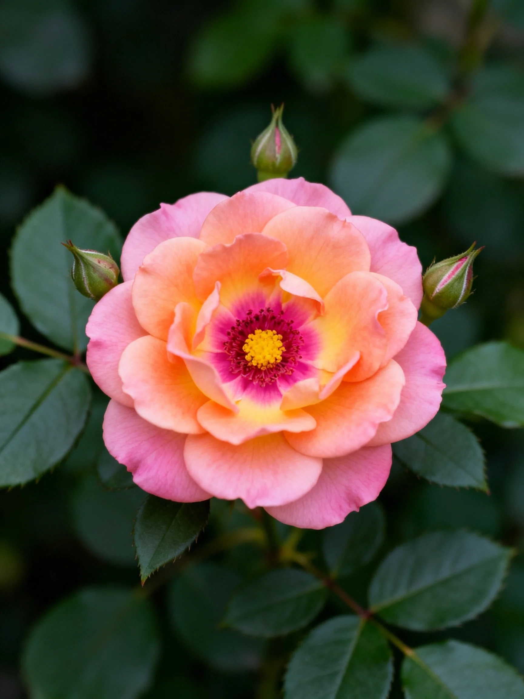 Pink-orange rose with yellow center and green foliage