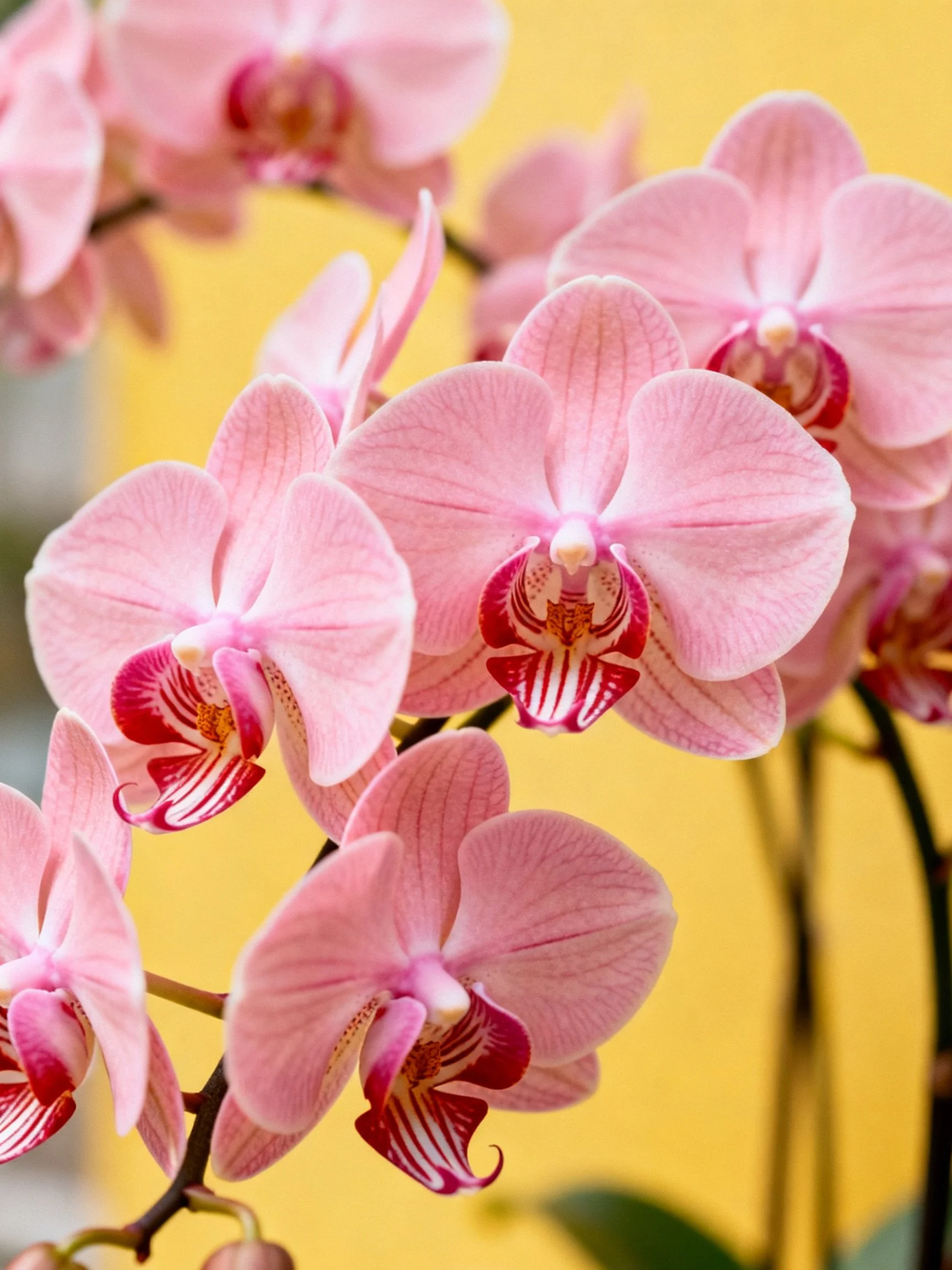 Pink orchid blooms with maroon centers against bright yellow backdrop