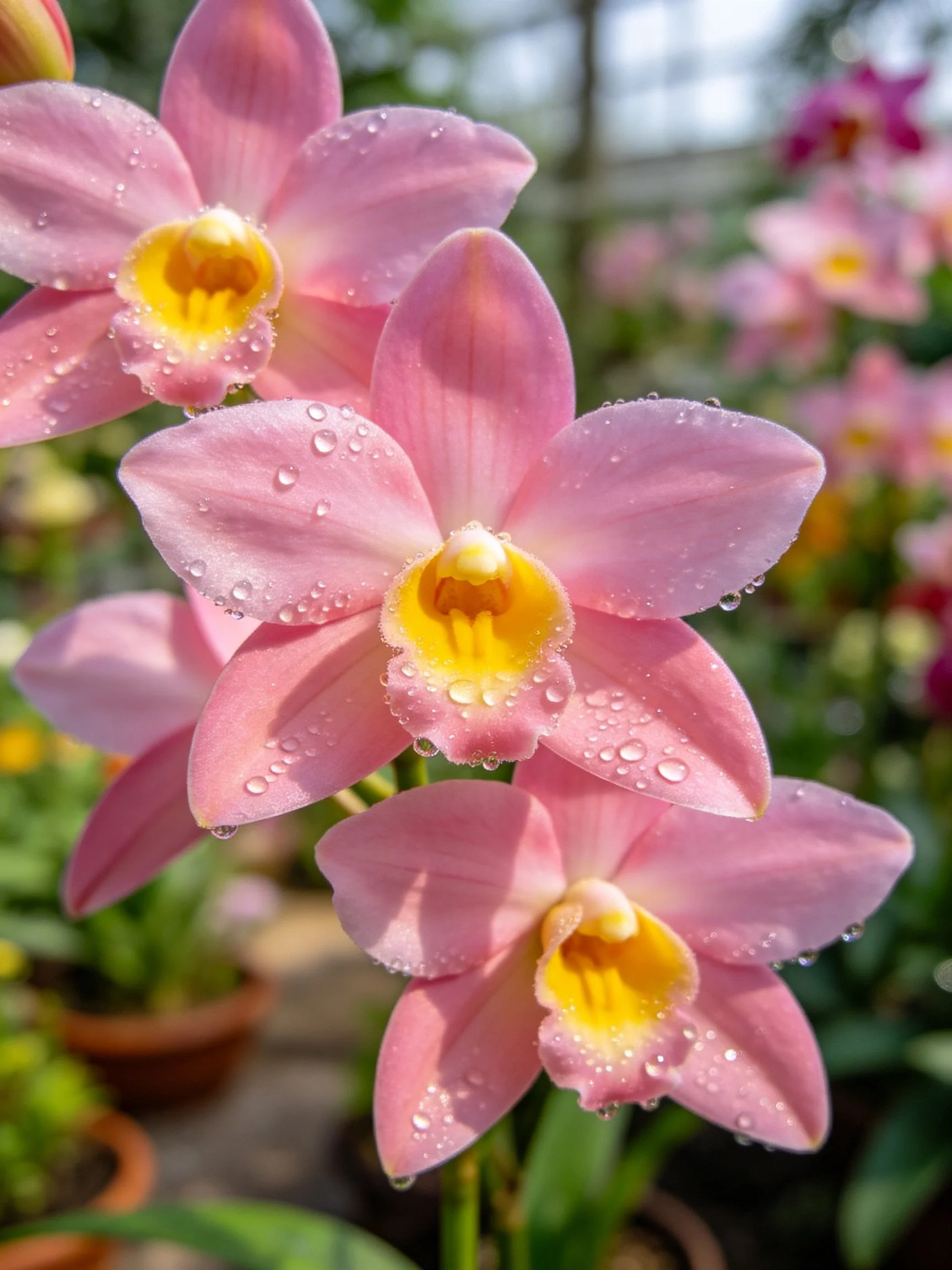 Pink orchid blooms with water droplets in a garden
