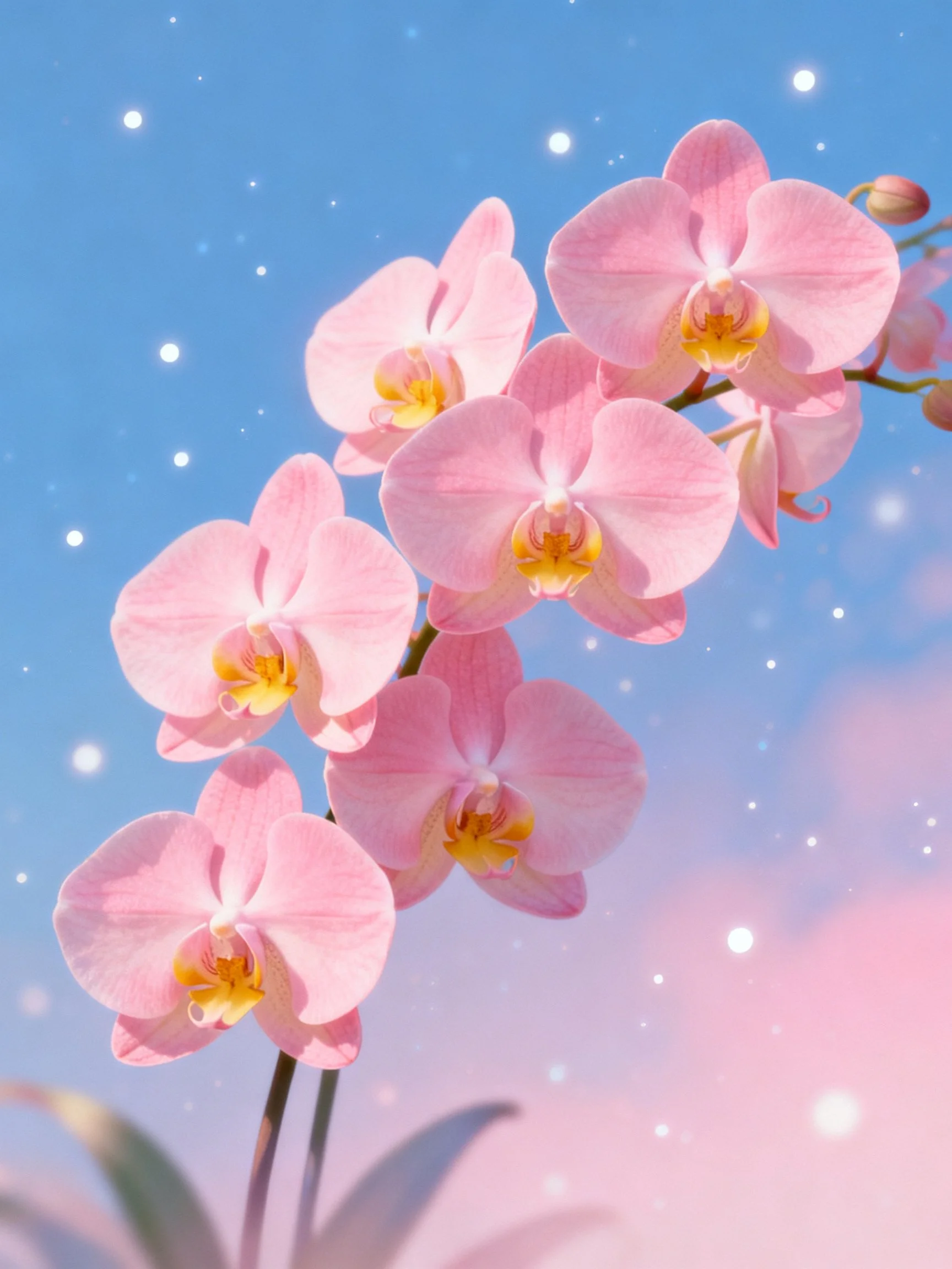 Pink orchid blossoms against a gradient blue sky with sparkling effects