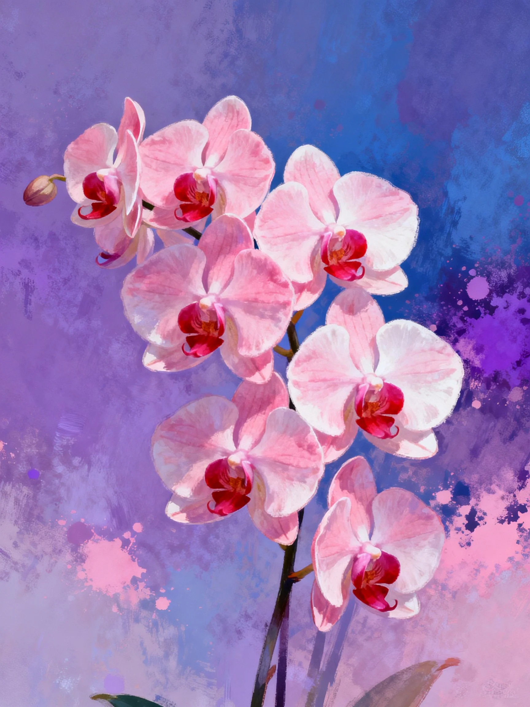 Pink orchid cluster with red centers on artistic purple-blue backdrop