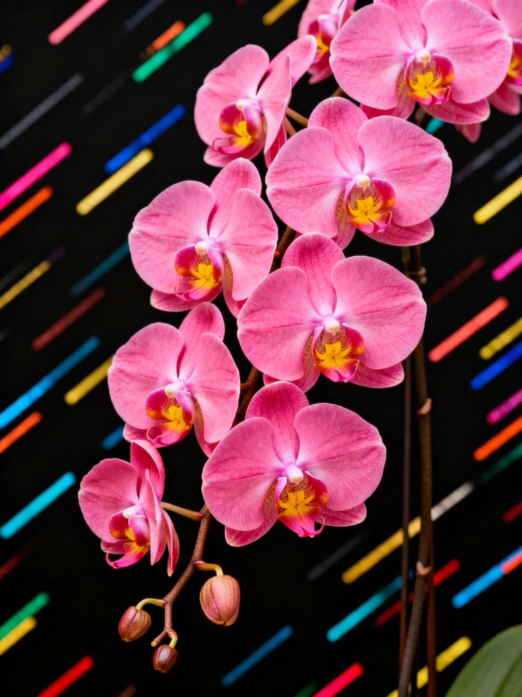 Pink orchid cluster with vibrant multicolor streaked backdrop