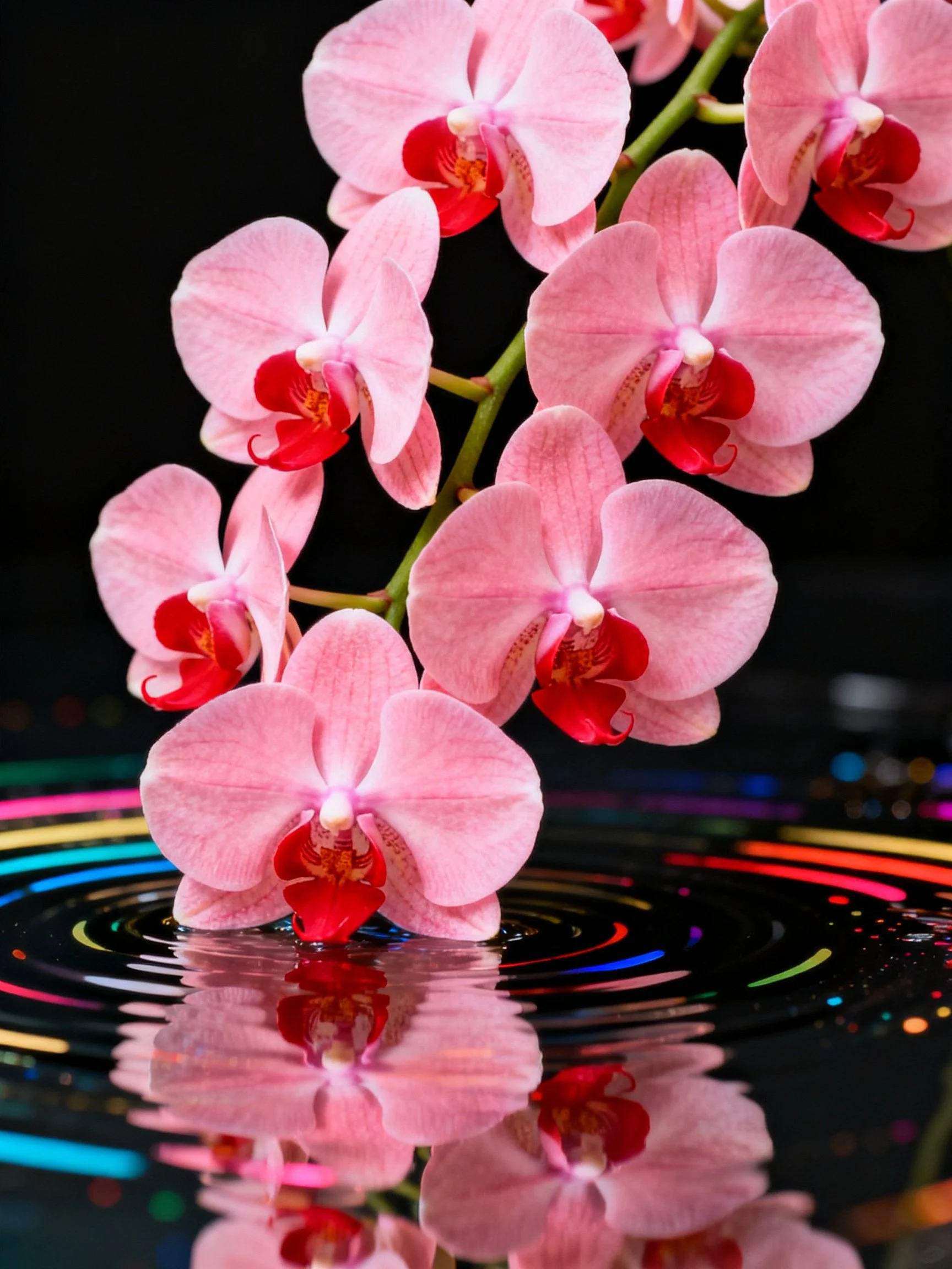 Pink orchid flowers with red centers reflected in water, colorful light streaks