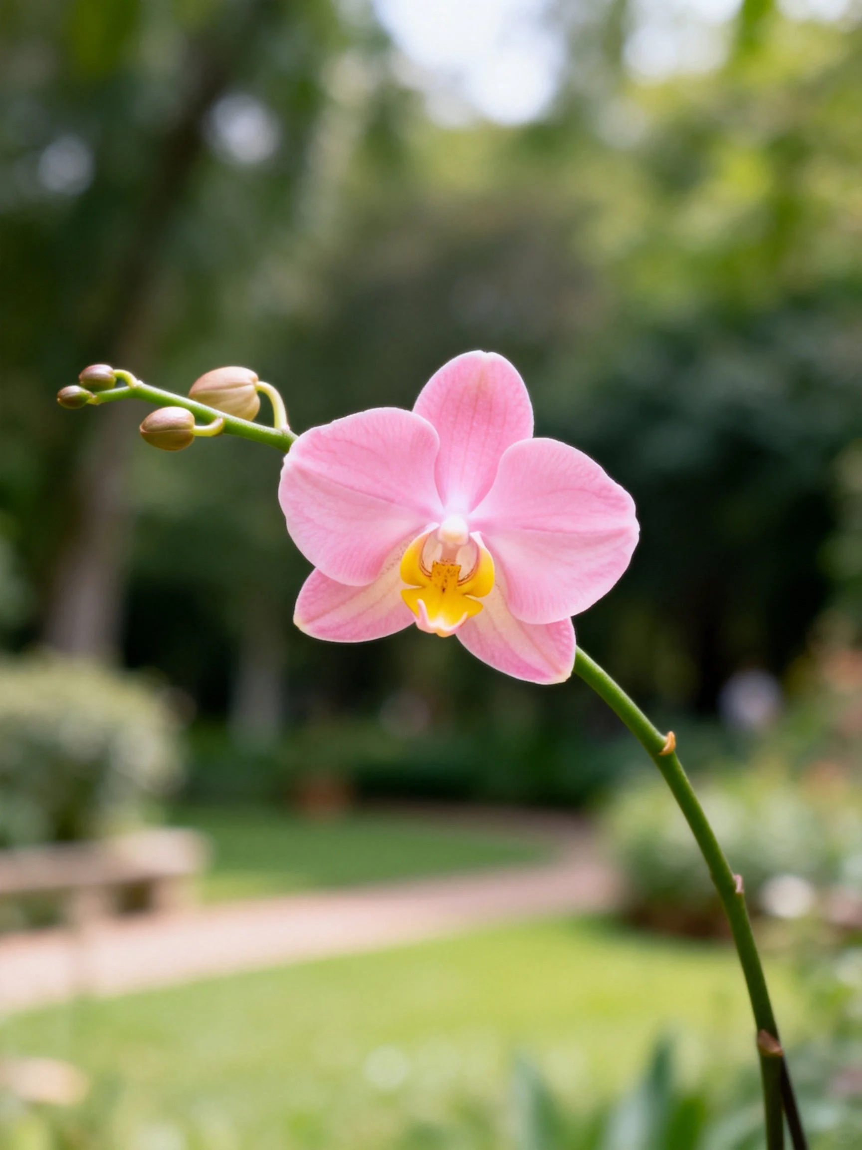 Pink orchid with yellow center near buds in lush garden