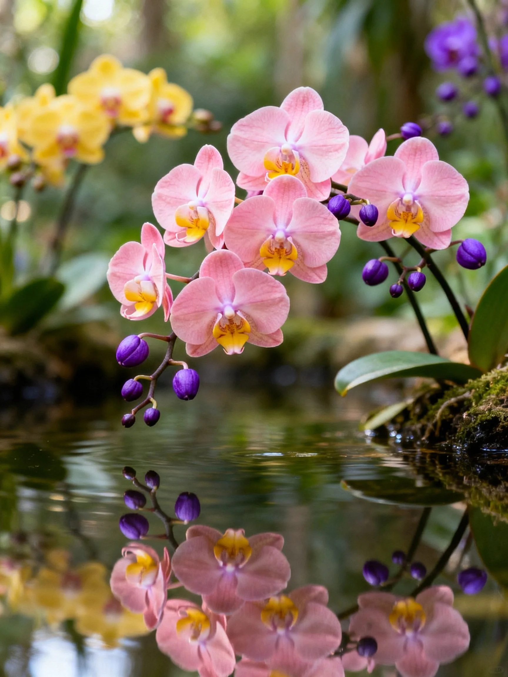 Pink orchids, purple buds, yellow blooms reflected in calm water