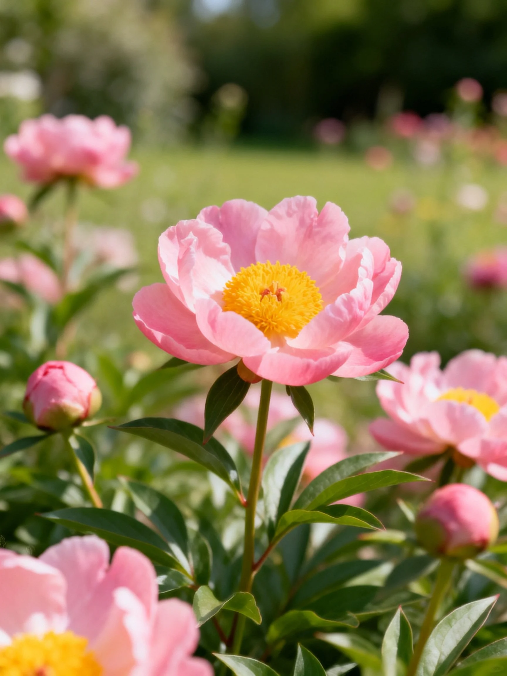 Pink peonies with yellow centers bloom among green foliage in a sunlit garden.