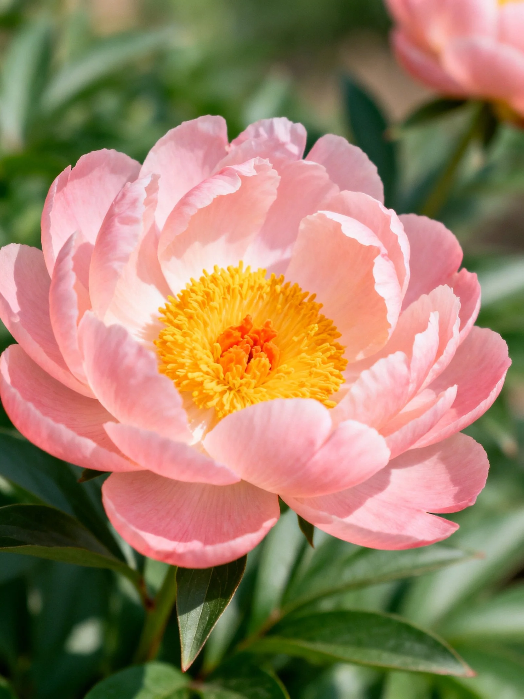 Pink peony bloom with bright yellow center among greenery