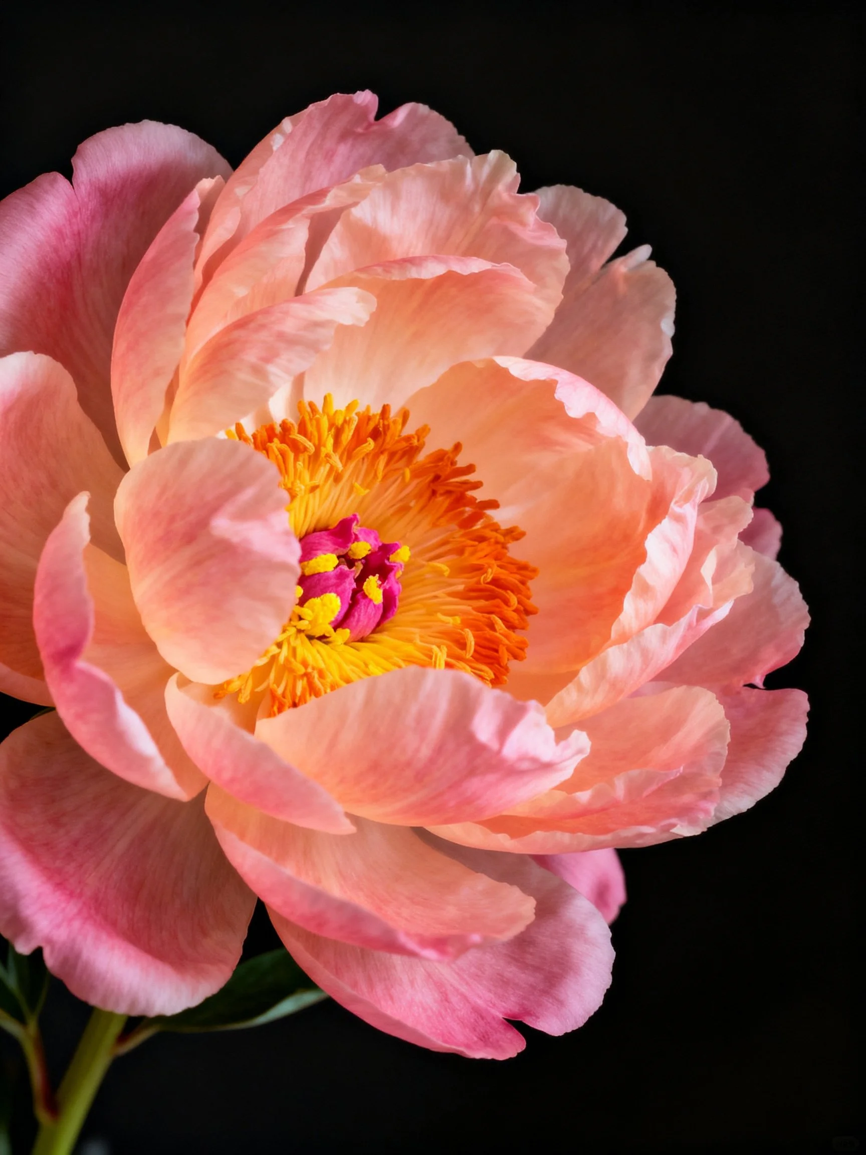 Pink peony bloom with orange - yellow center on black backdrop