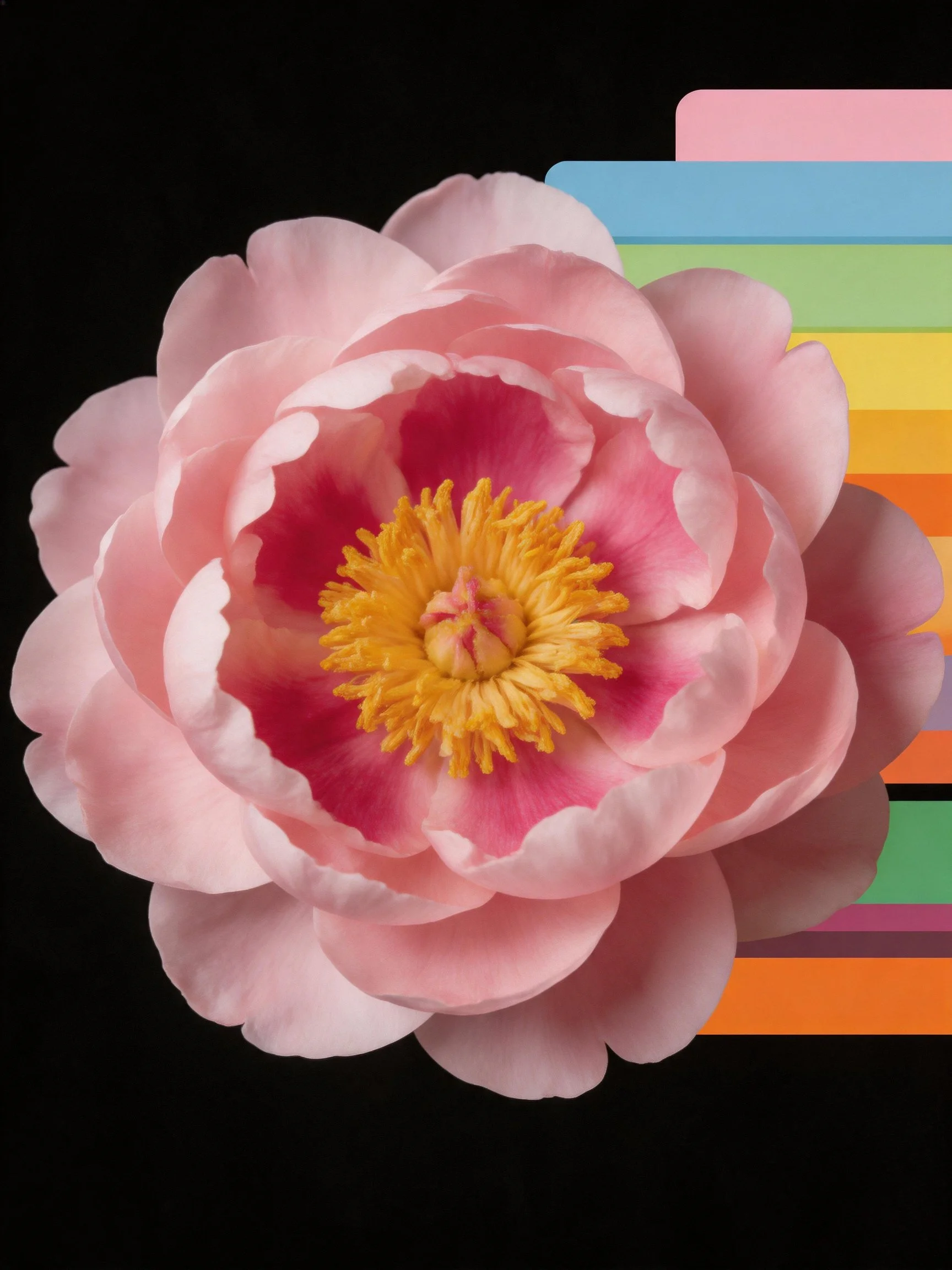 Pink peony flower with vibrant yellow center and multicolored shapes