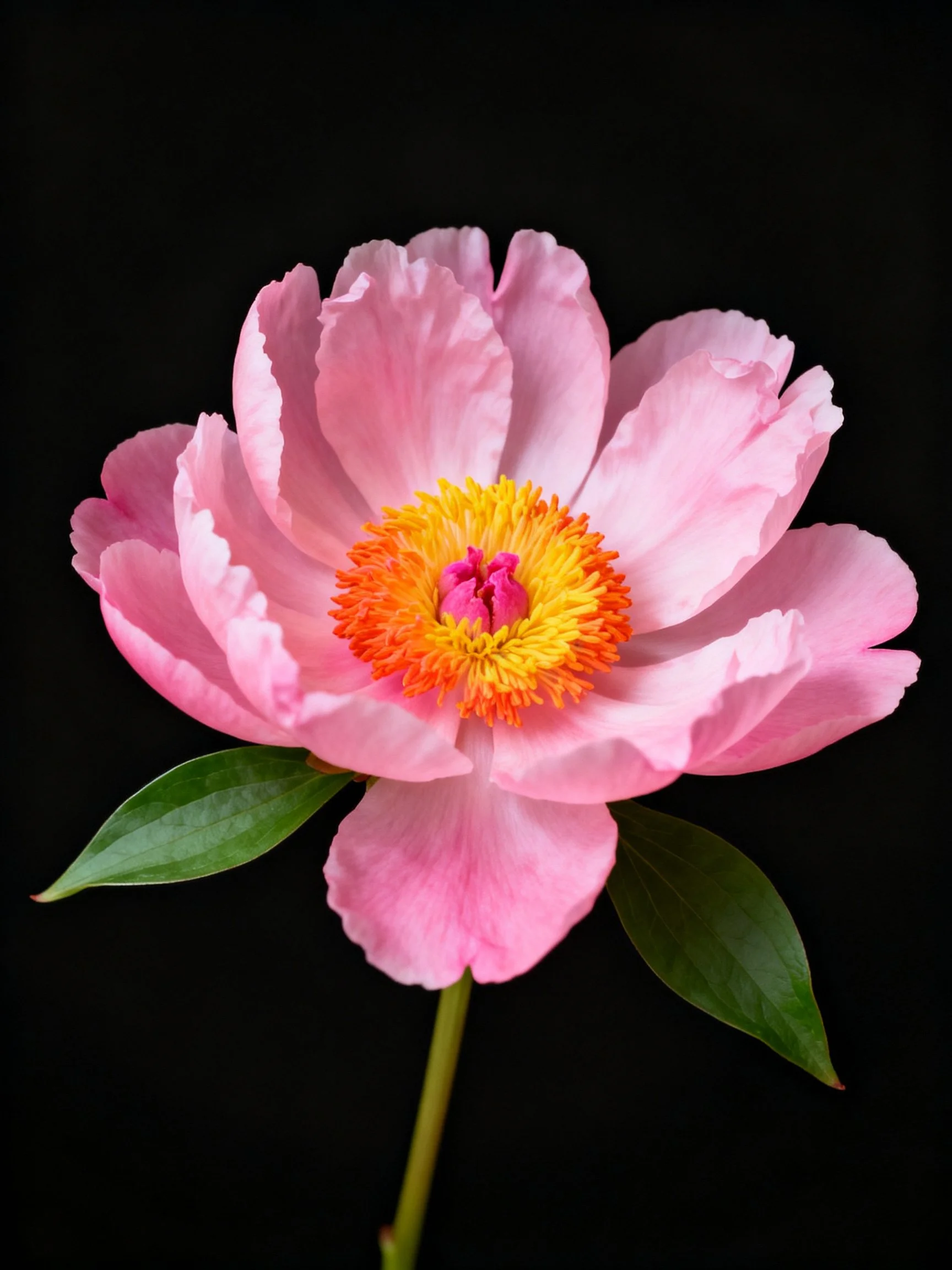 Pink peony flower with vibrant yellow-orange center and green leaves
