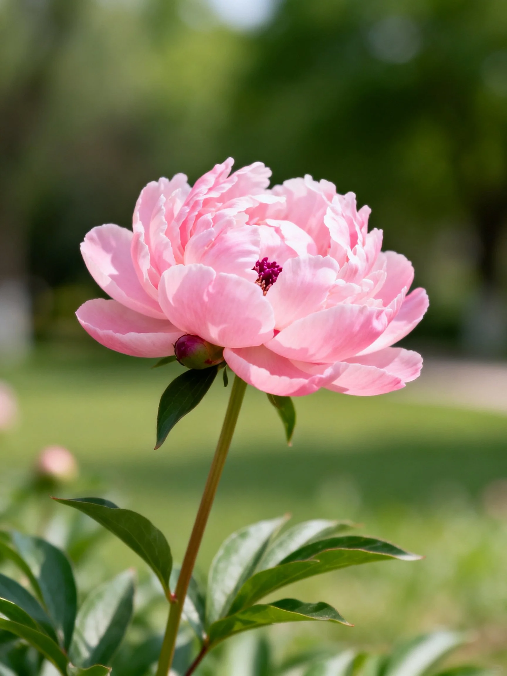 Pink peony in full bloom with green foliage