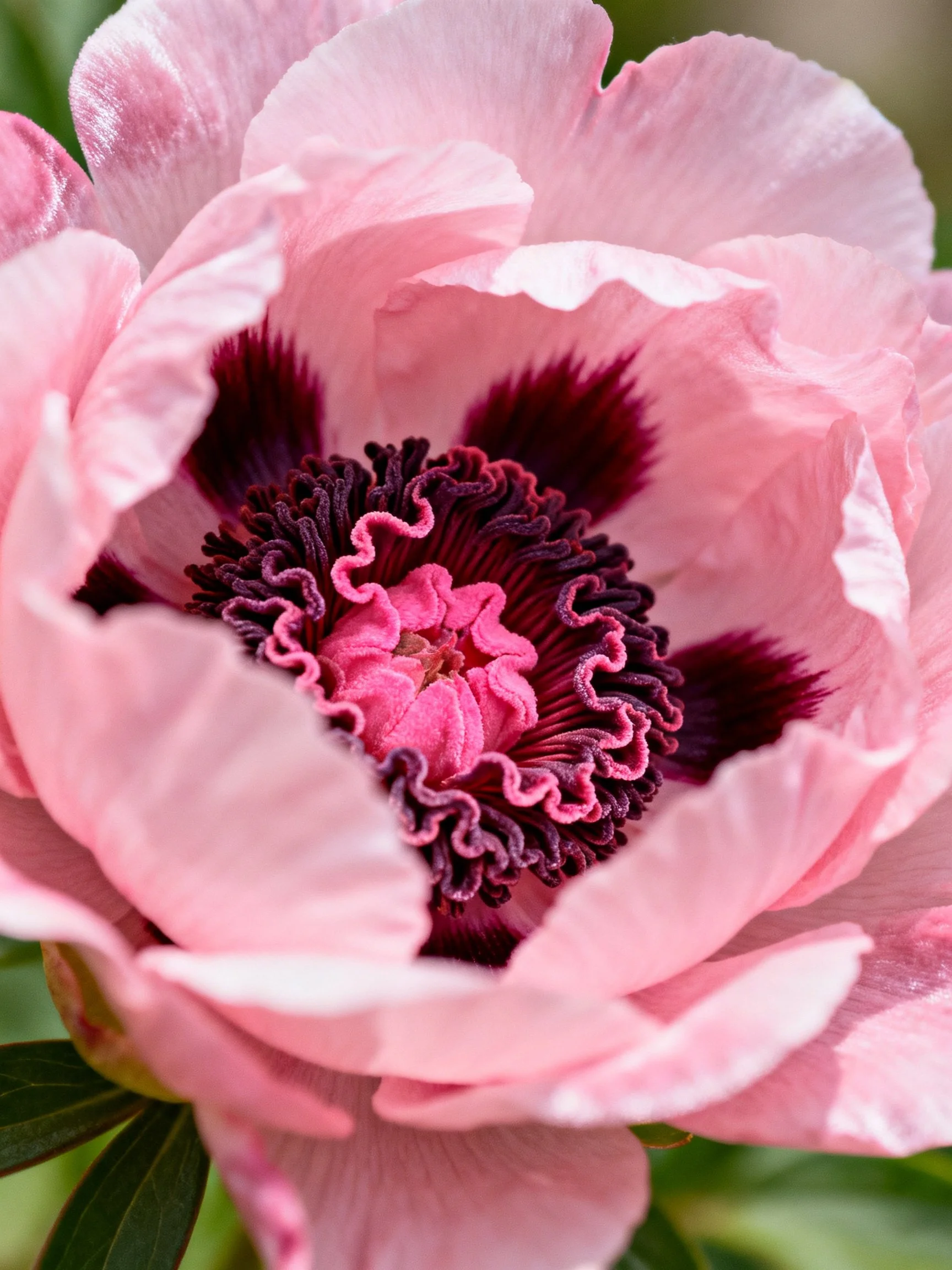 Pink peony with deep maroon center and layered petals