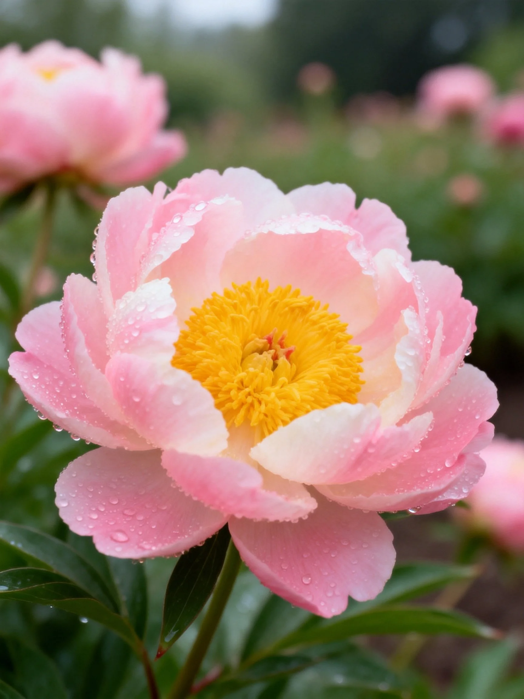 Pink peony with dew drops and yellow center among green foliage