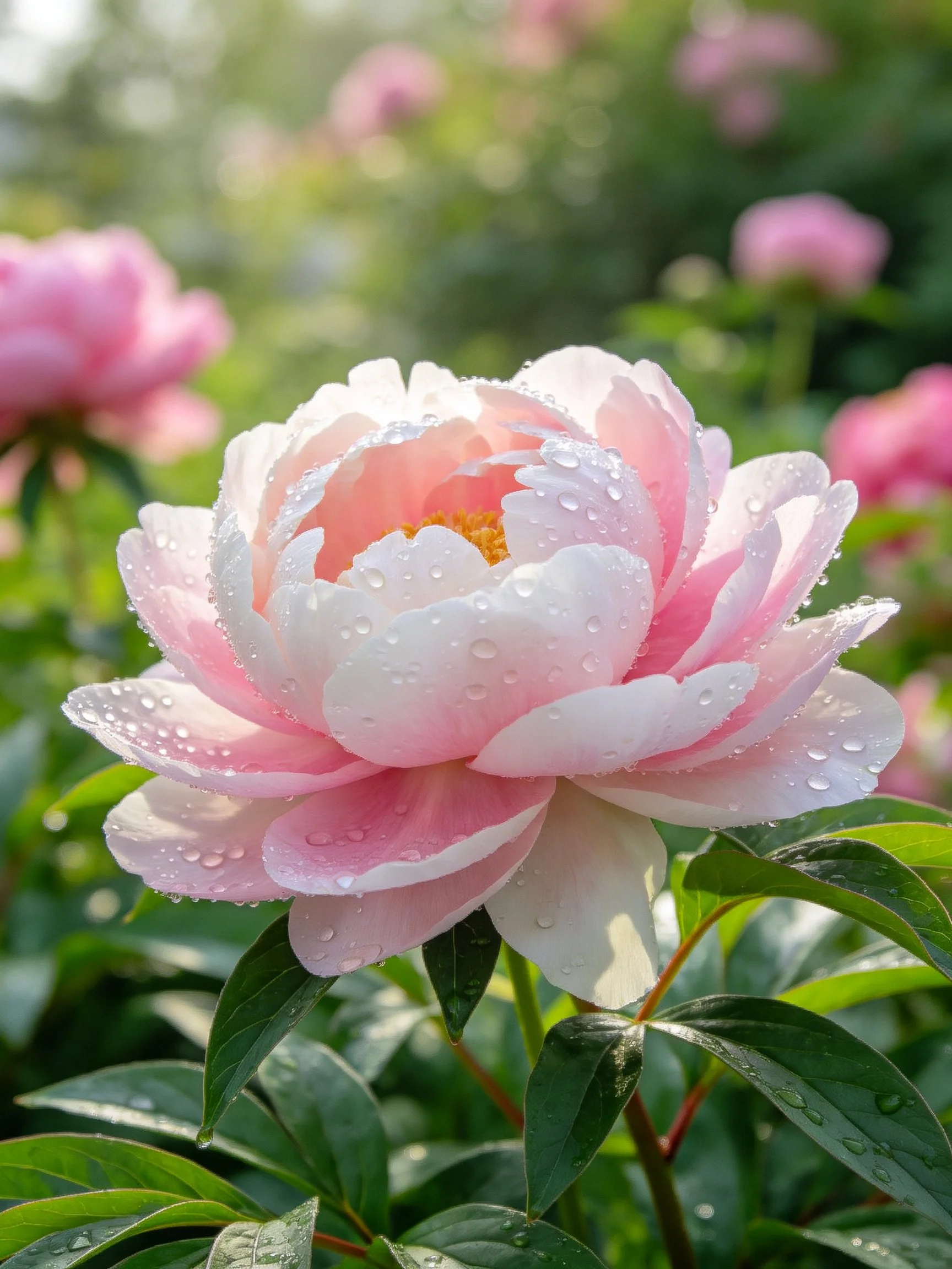 Pink peony with dewdrops, surrounded by green foliage