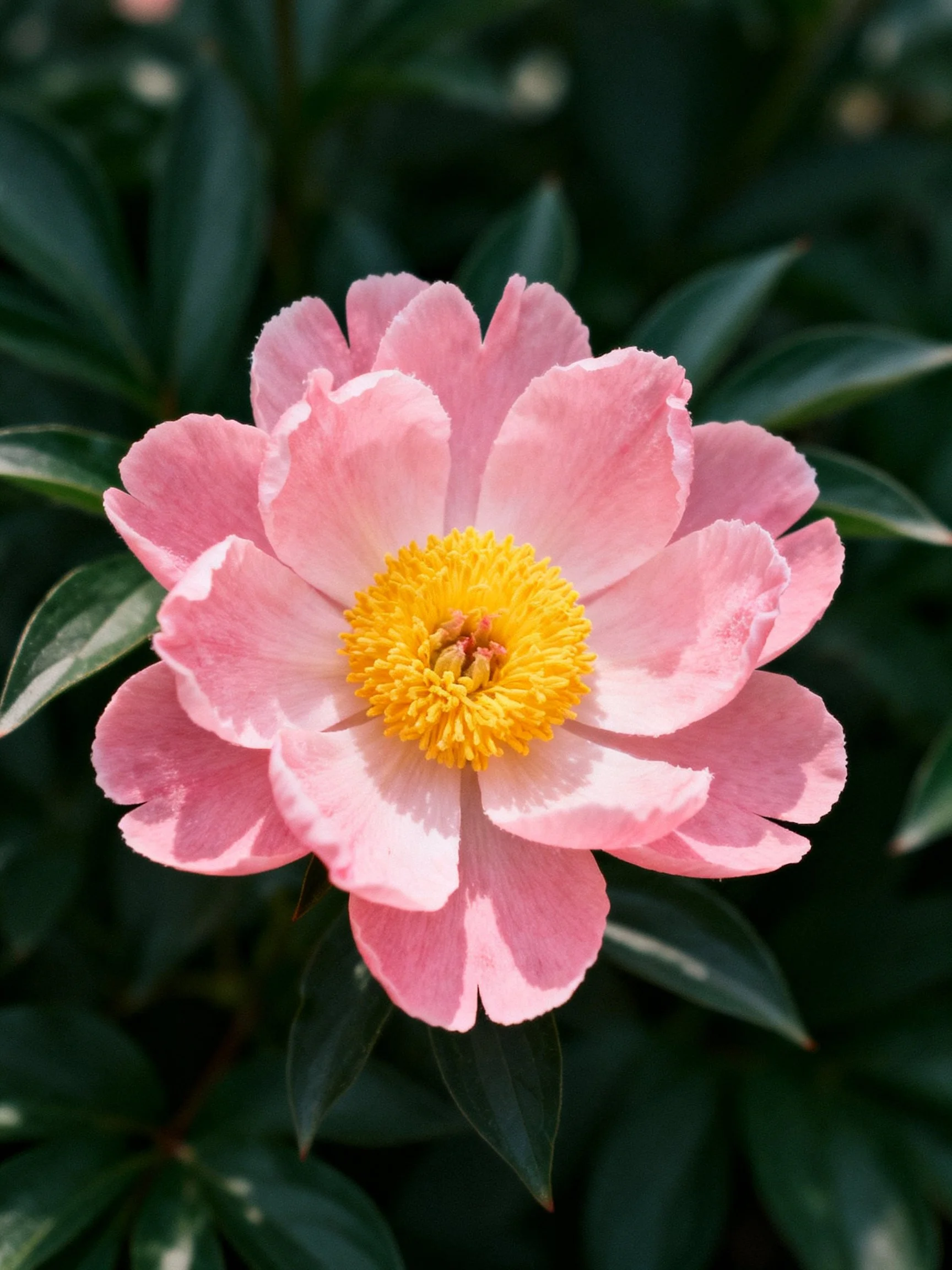 Pink peony with vibrant yellow center amid dark green leaves