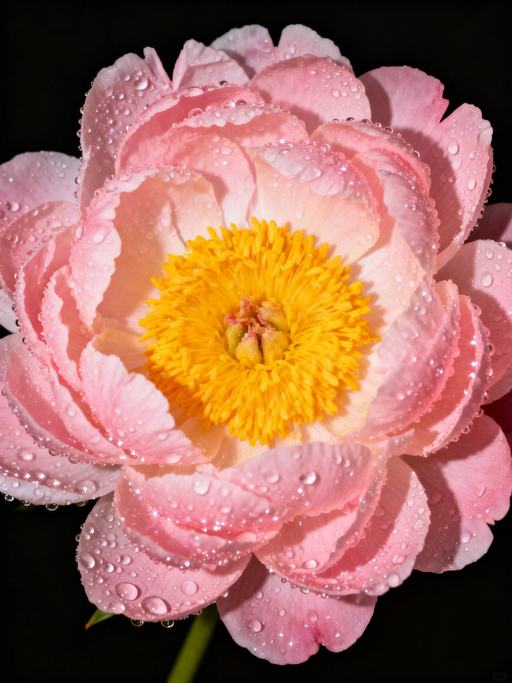 Pink peony with water droplets and bright yellow center
