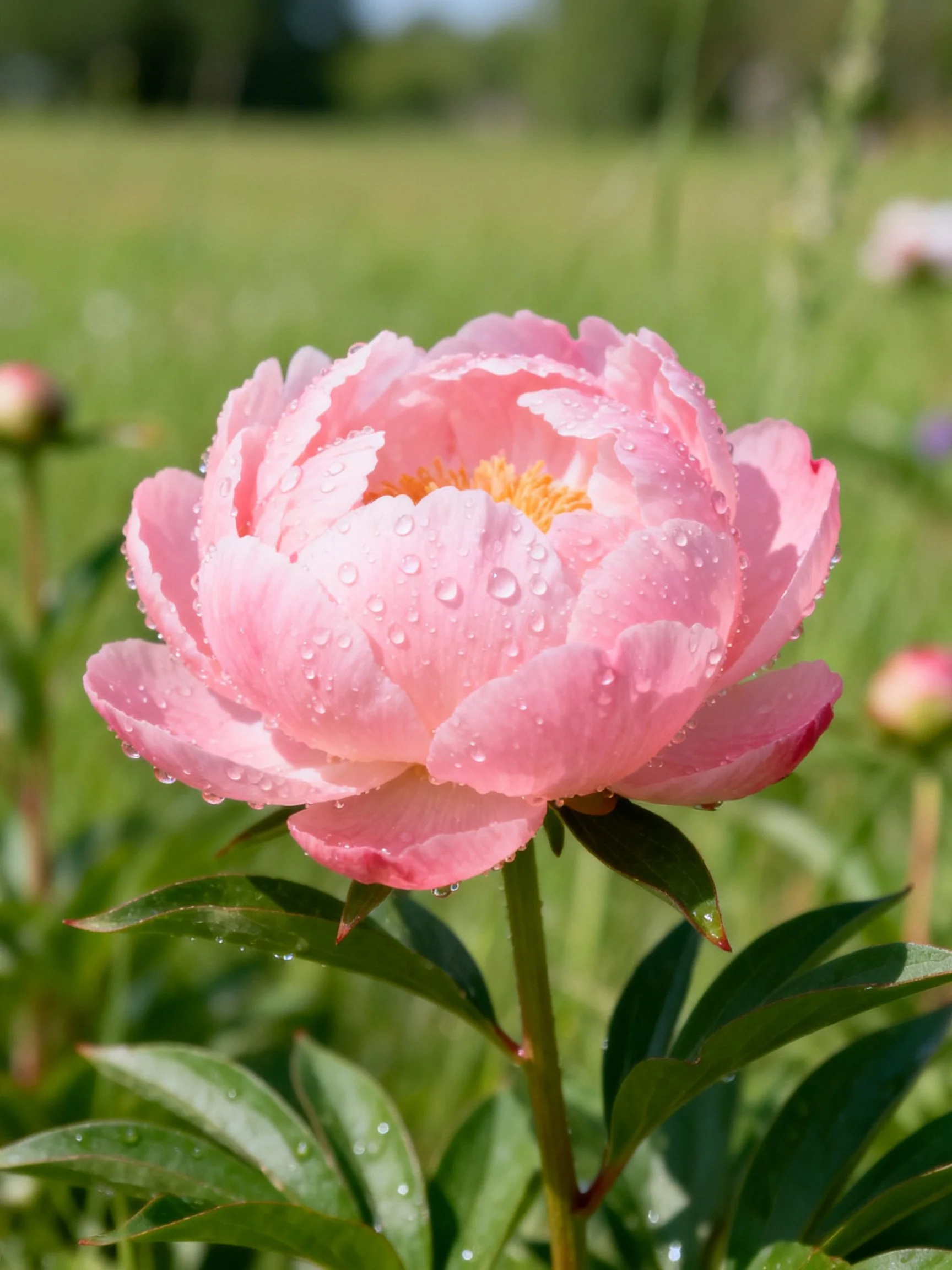Pink peony with water droplets in a lush green field