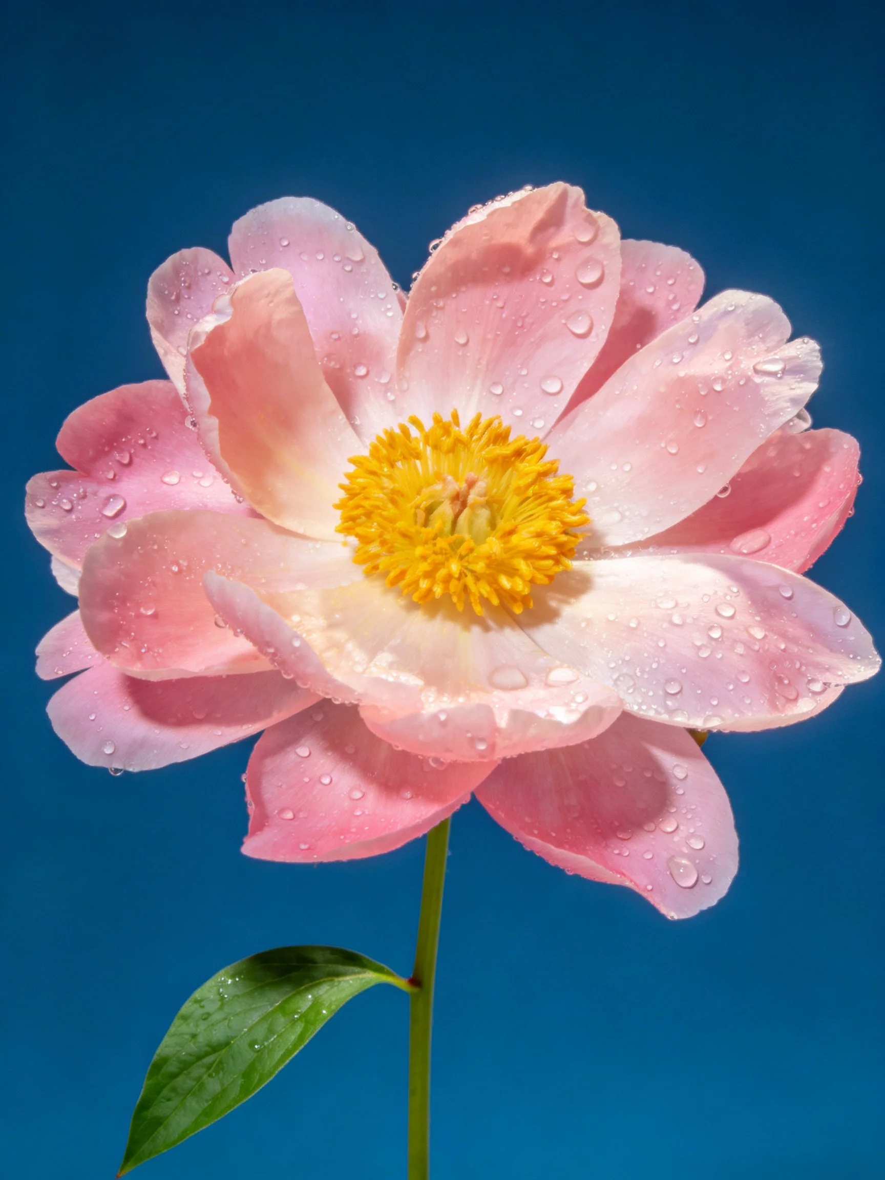 Pink peony with water droplets, yellow center, blue backdrop