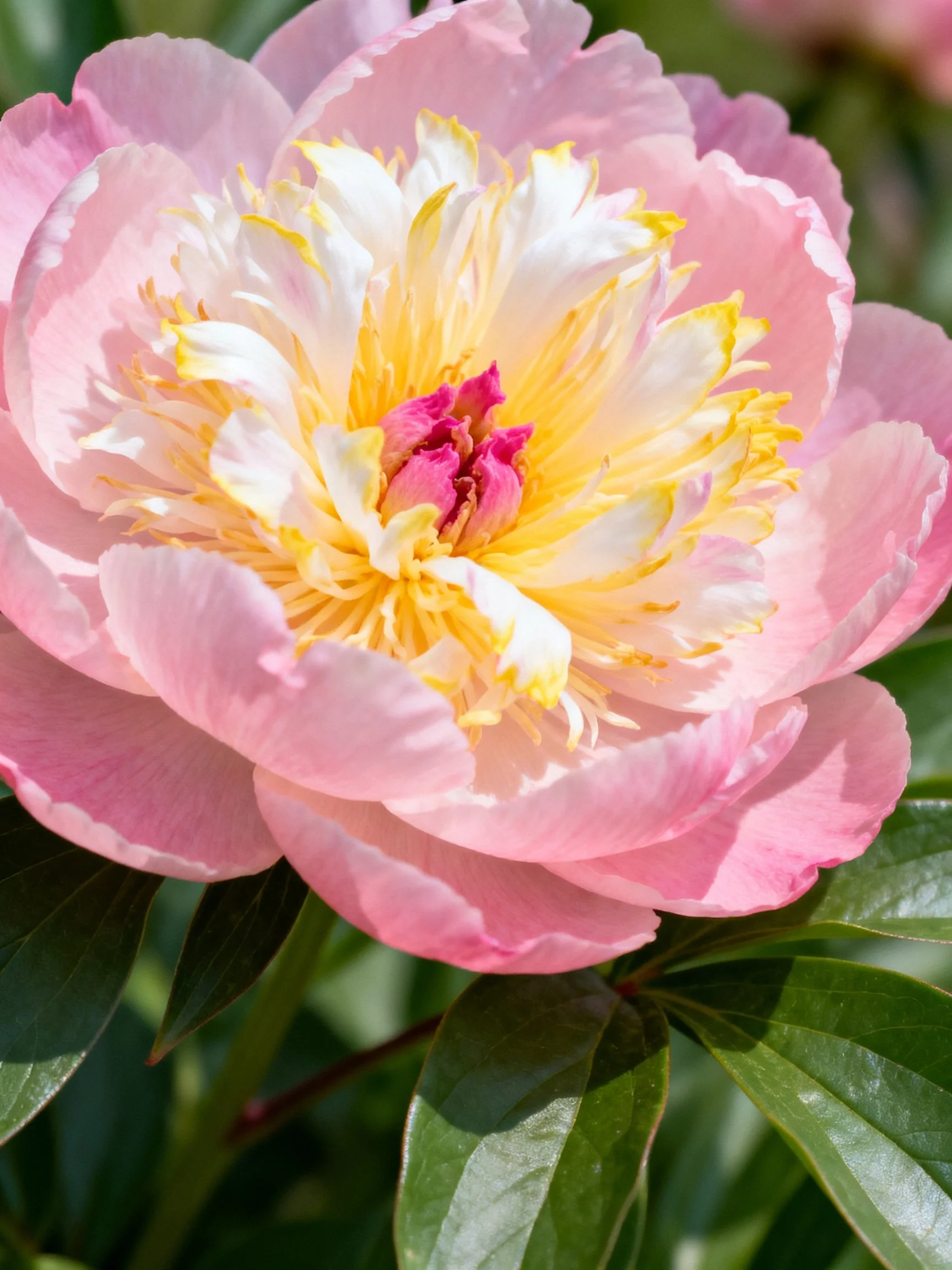Pink peony with white and yellow center and green foliage