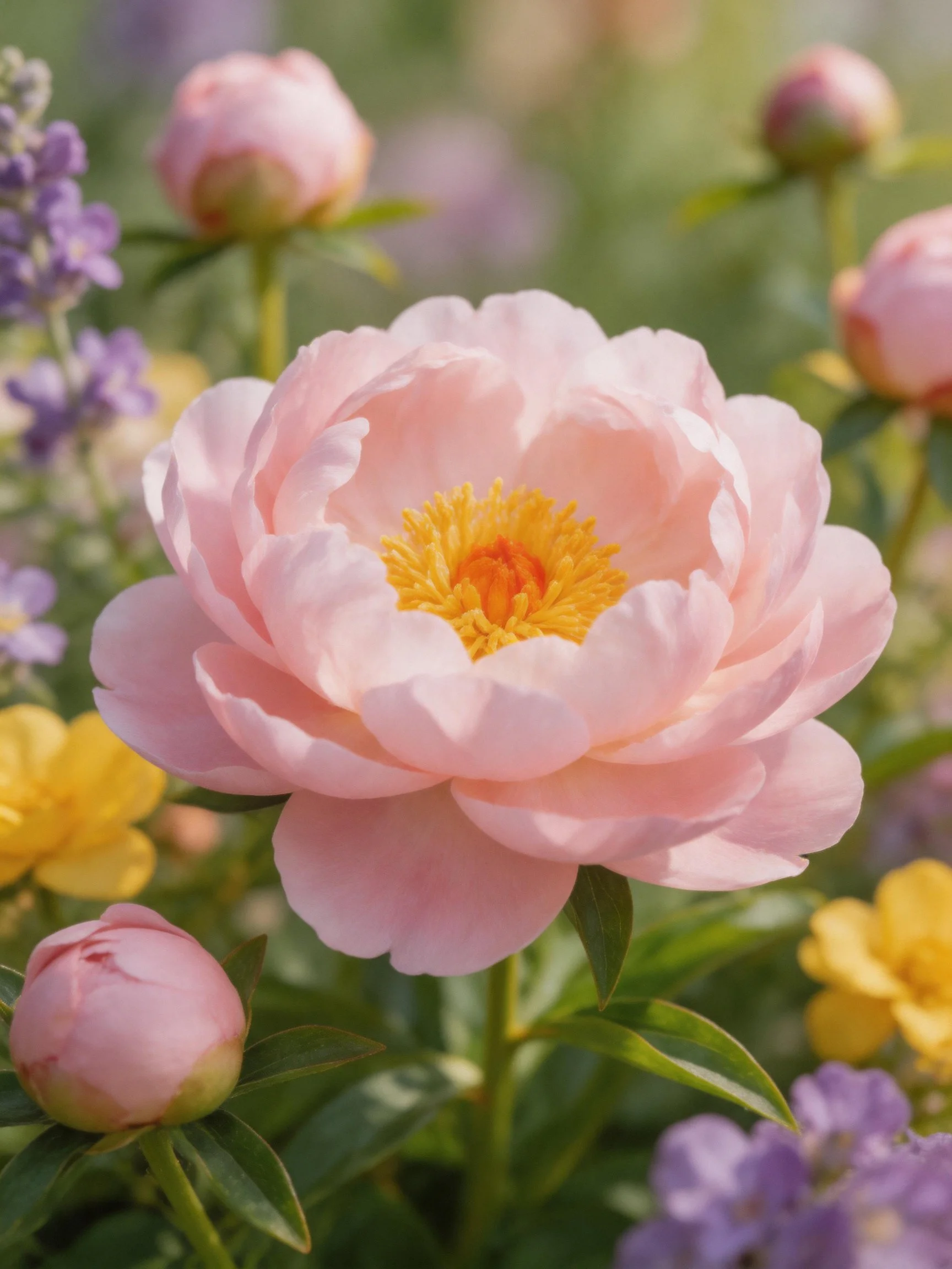 Pink peony with yellow center surrounded by colorful flower buds and blooms