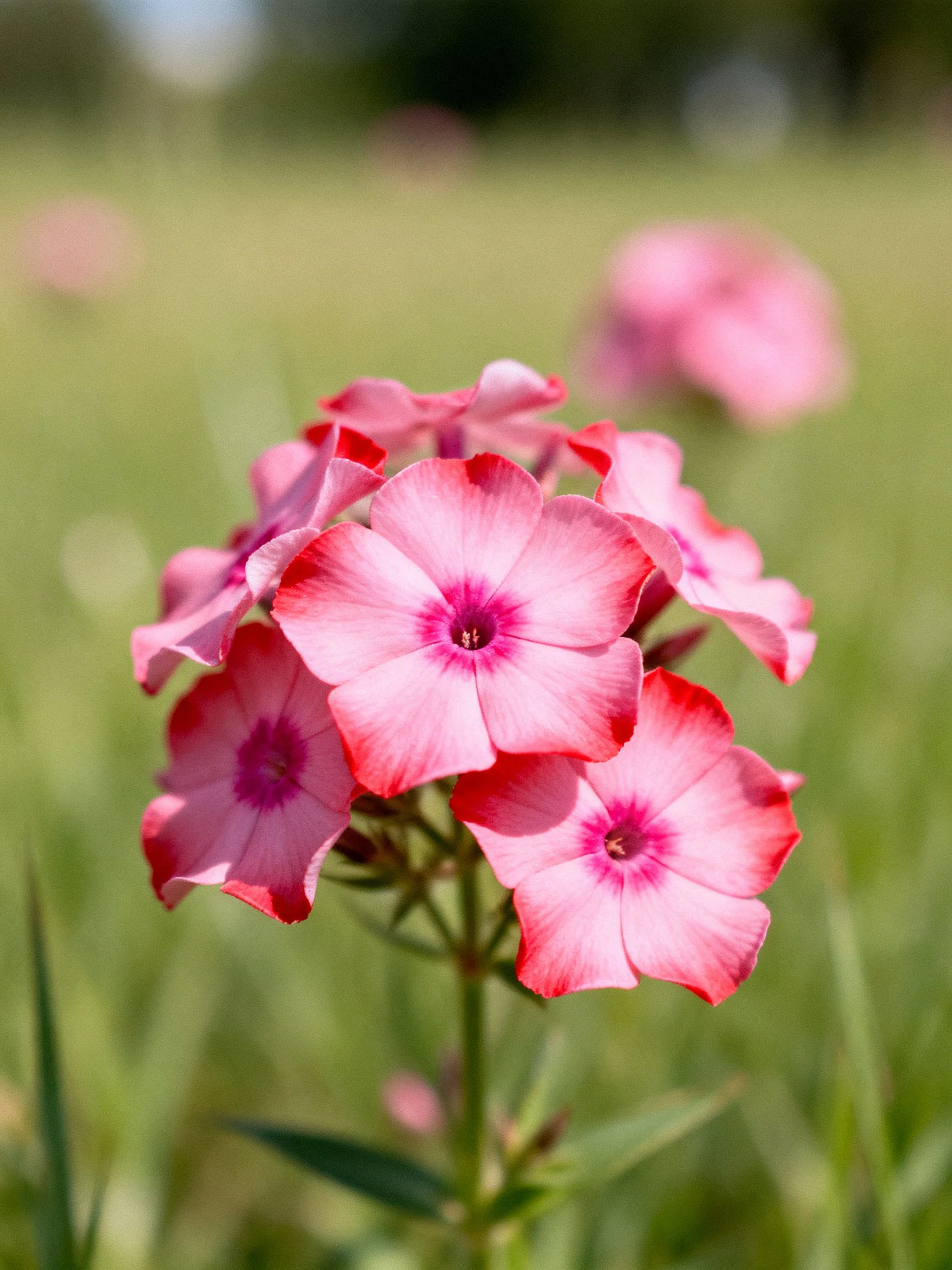 Pink phlox blooms with red petal edges amidst greenery