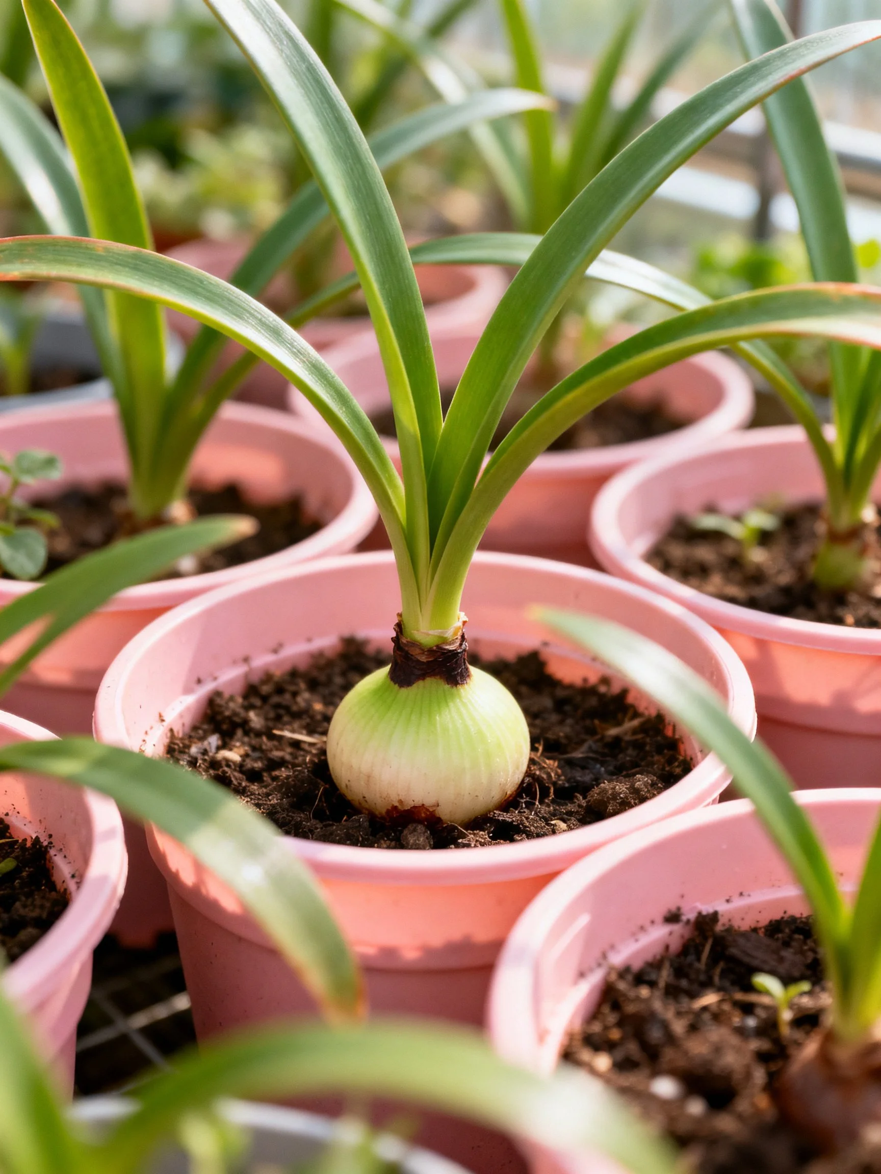 Pink plastic pots house bulbous green plants with elongated leaves
