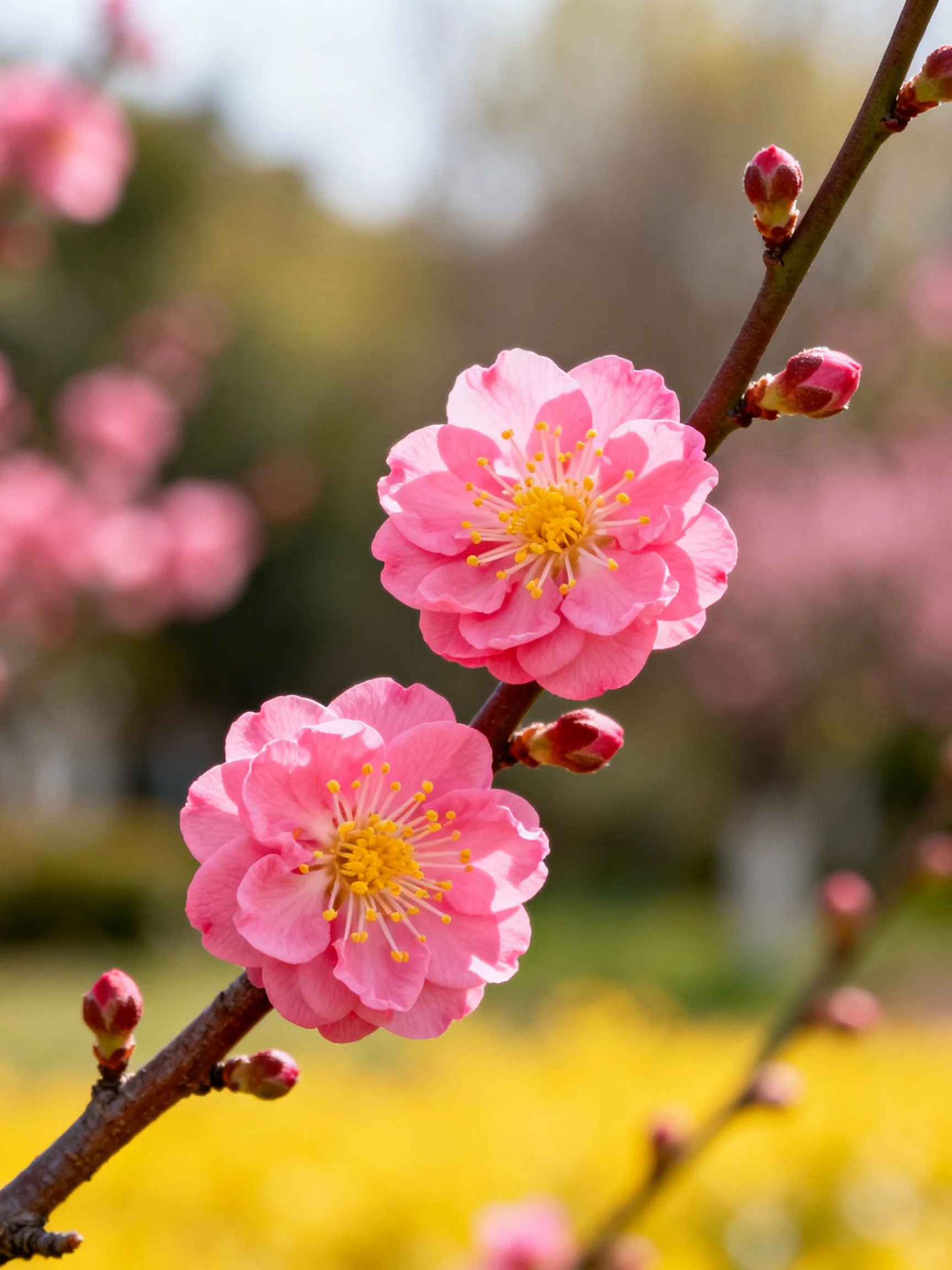 Pink plum blossoms and bud - laden branches in a garden setting