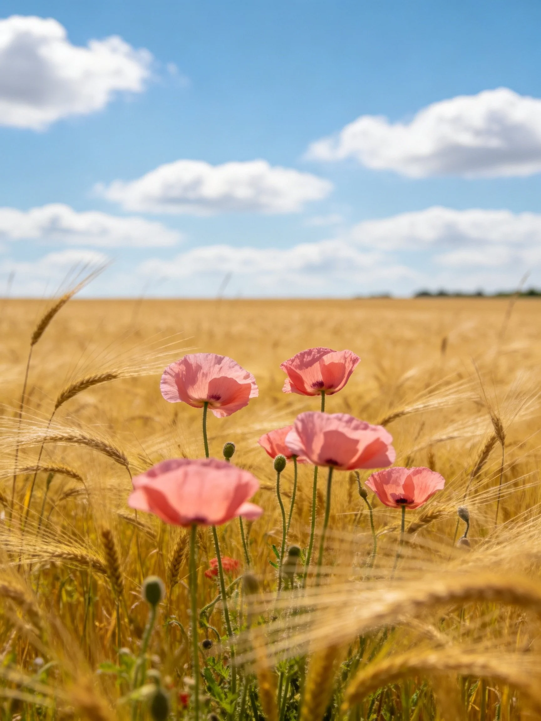 Pink poppies bloom amid golden wheat fields beneath bright blue skies