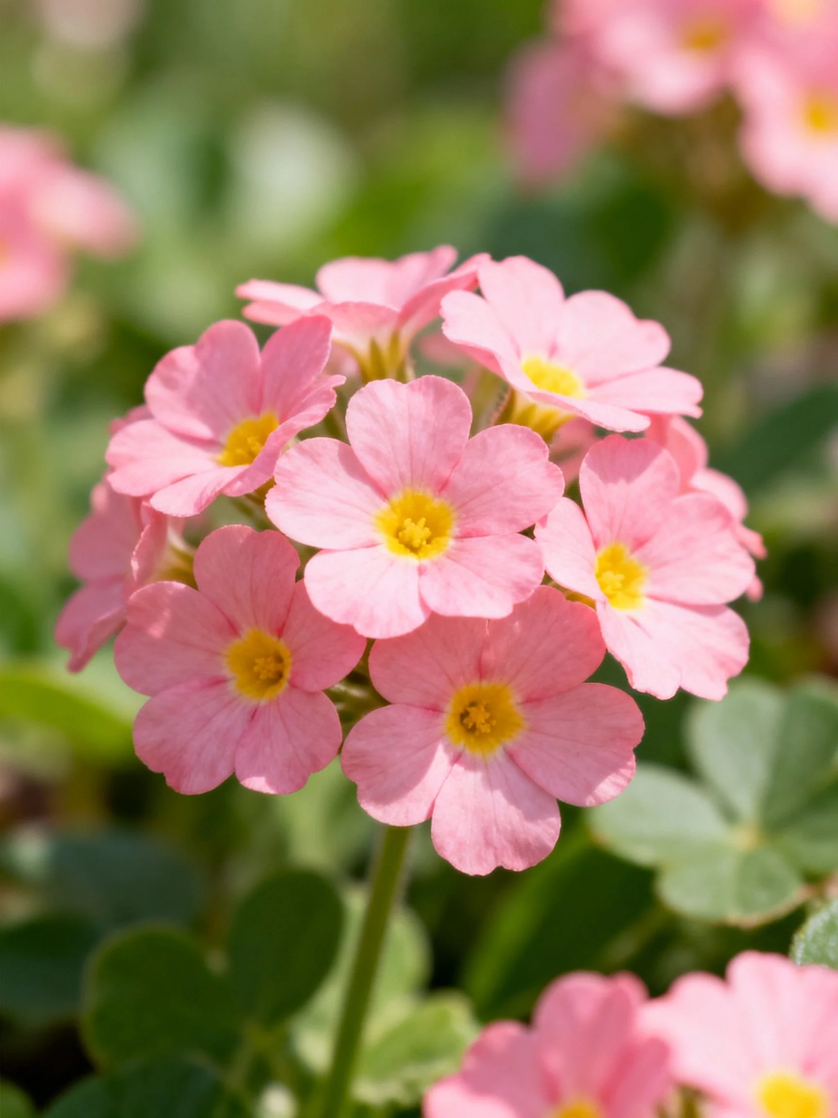Pink primrose flowers clustered with yellow centers and green foliage