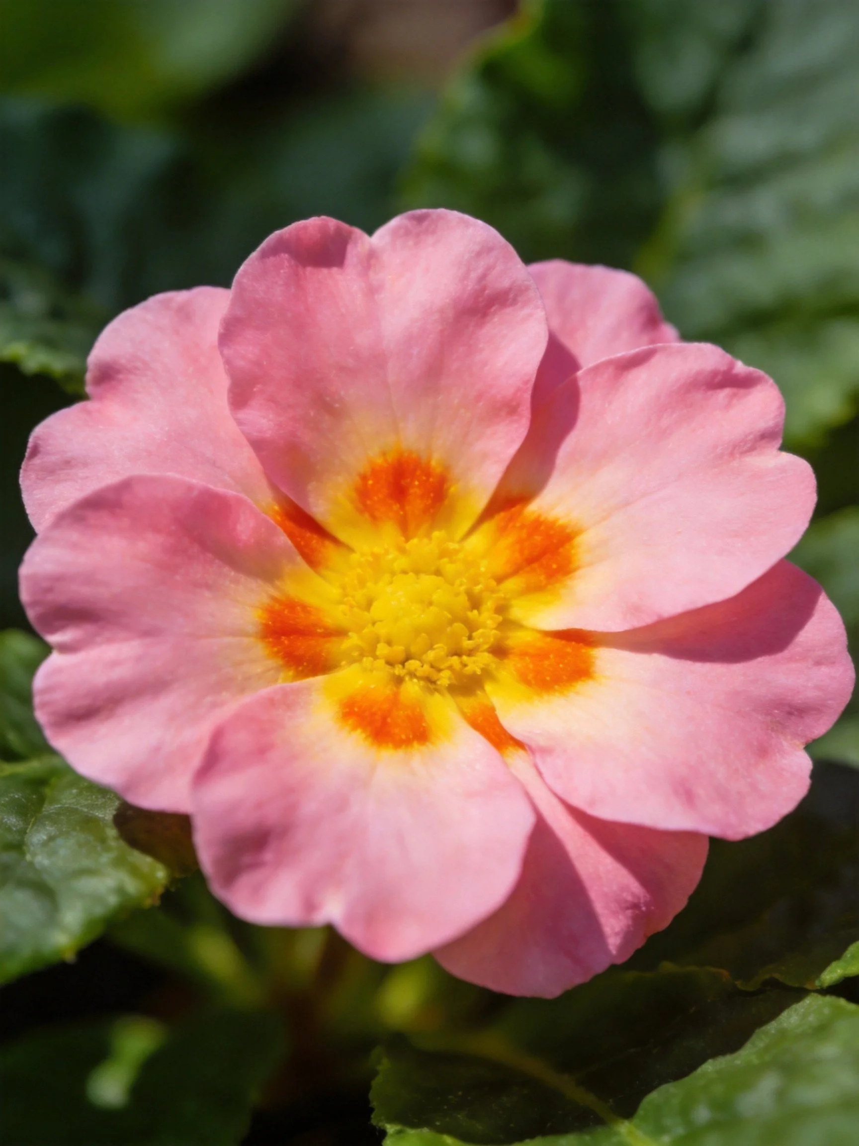Pink primrose with bright yellow-orange center