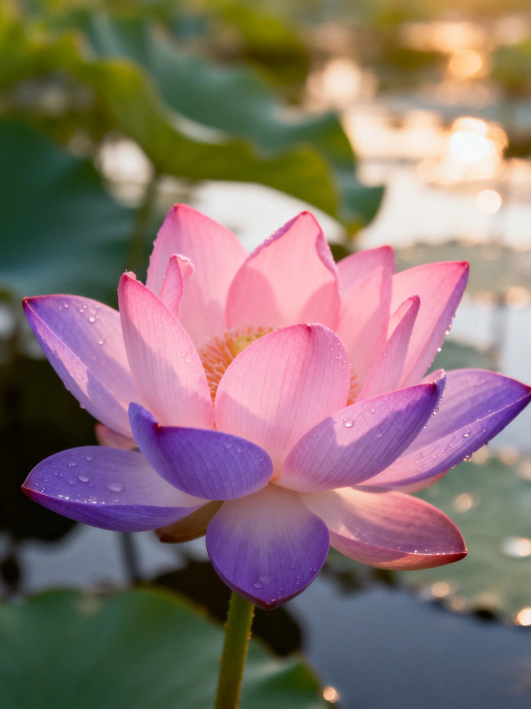 Pink-purple lotus with water droplets near green leaves