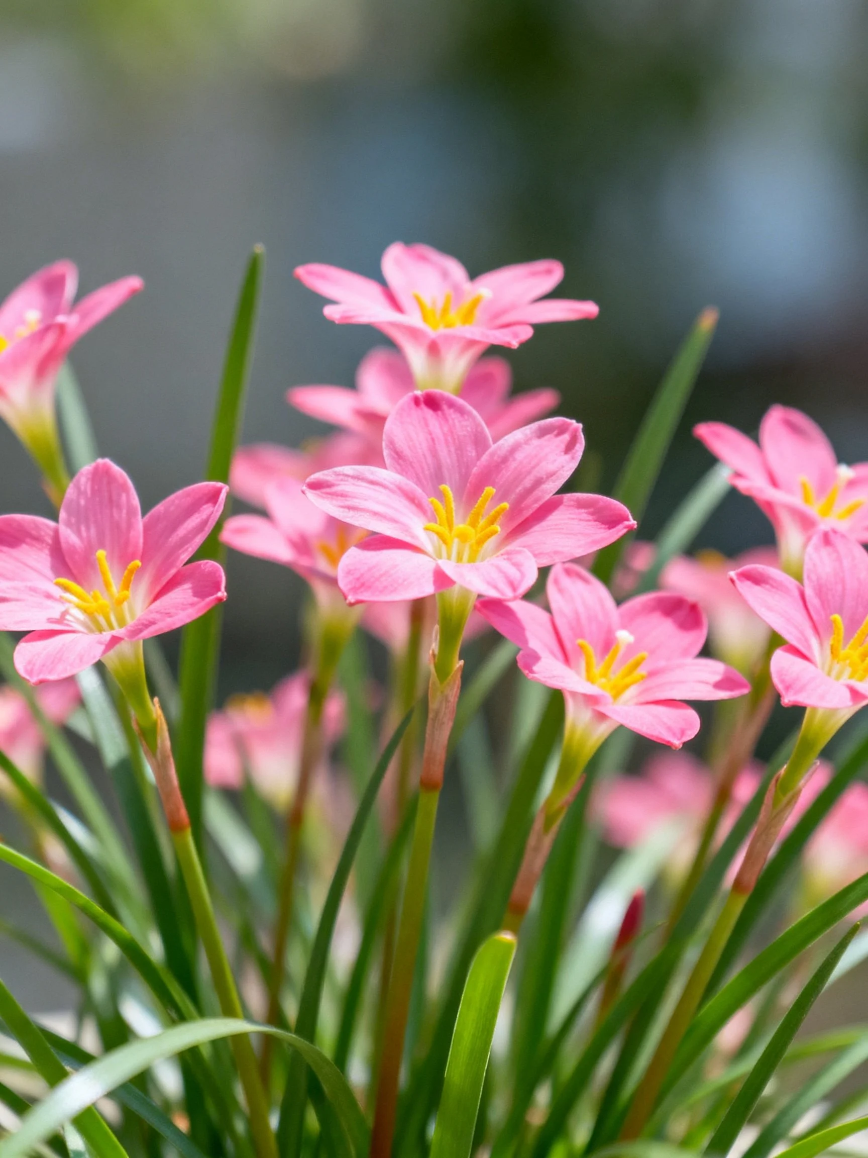Pink rain lilies with yellow centers among green foliage