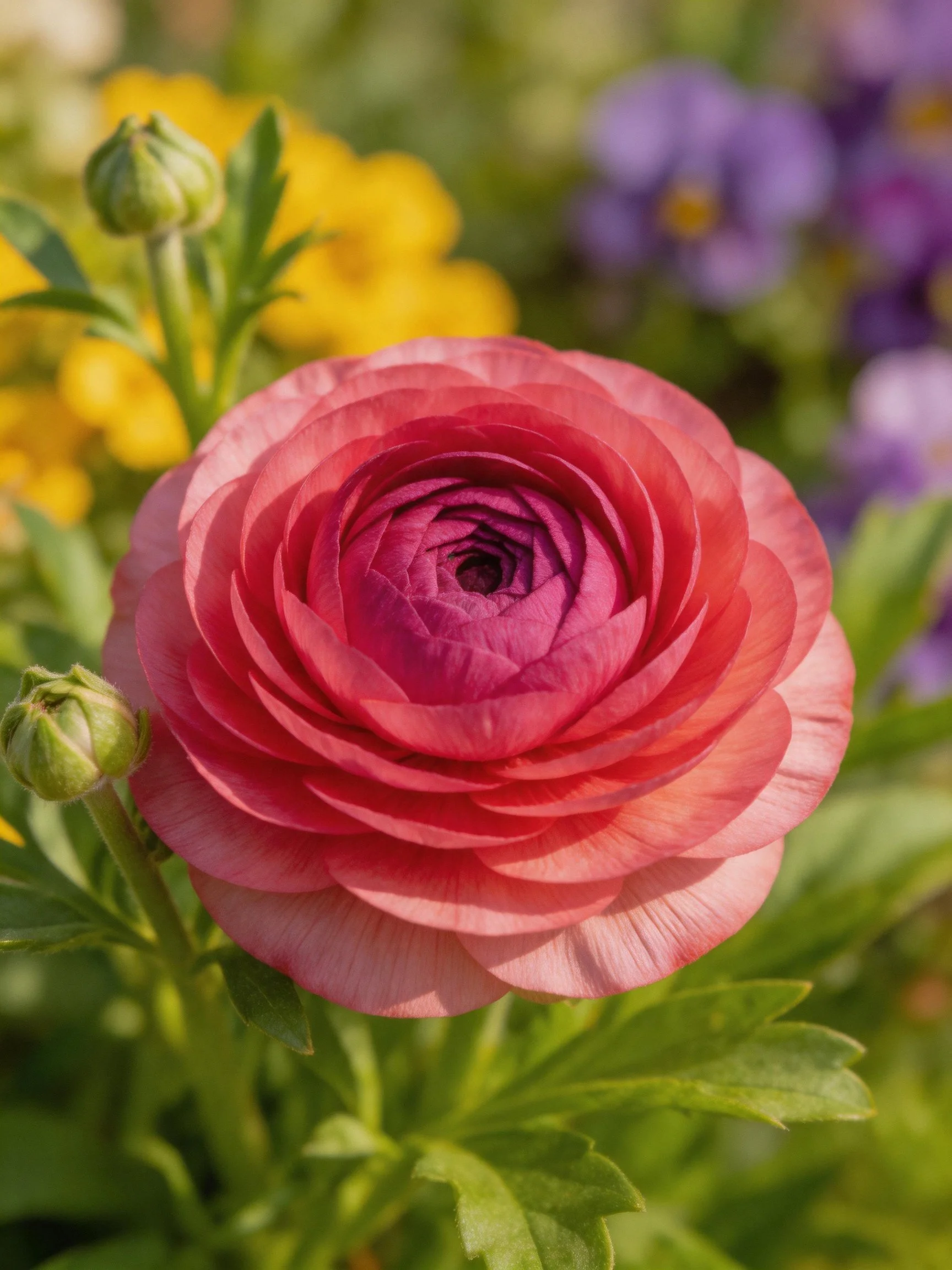 Pink ranunculus flower with green buds and colorful blooms