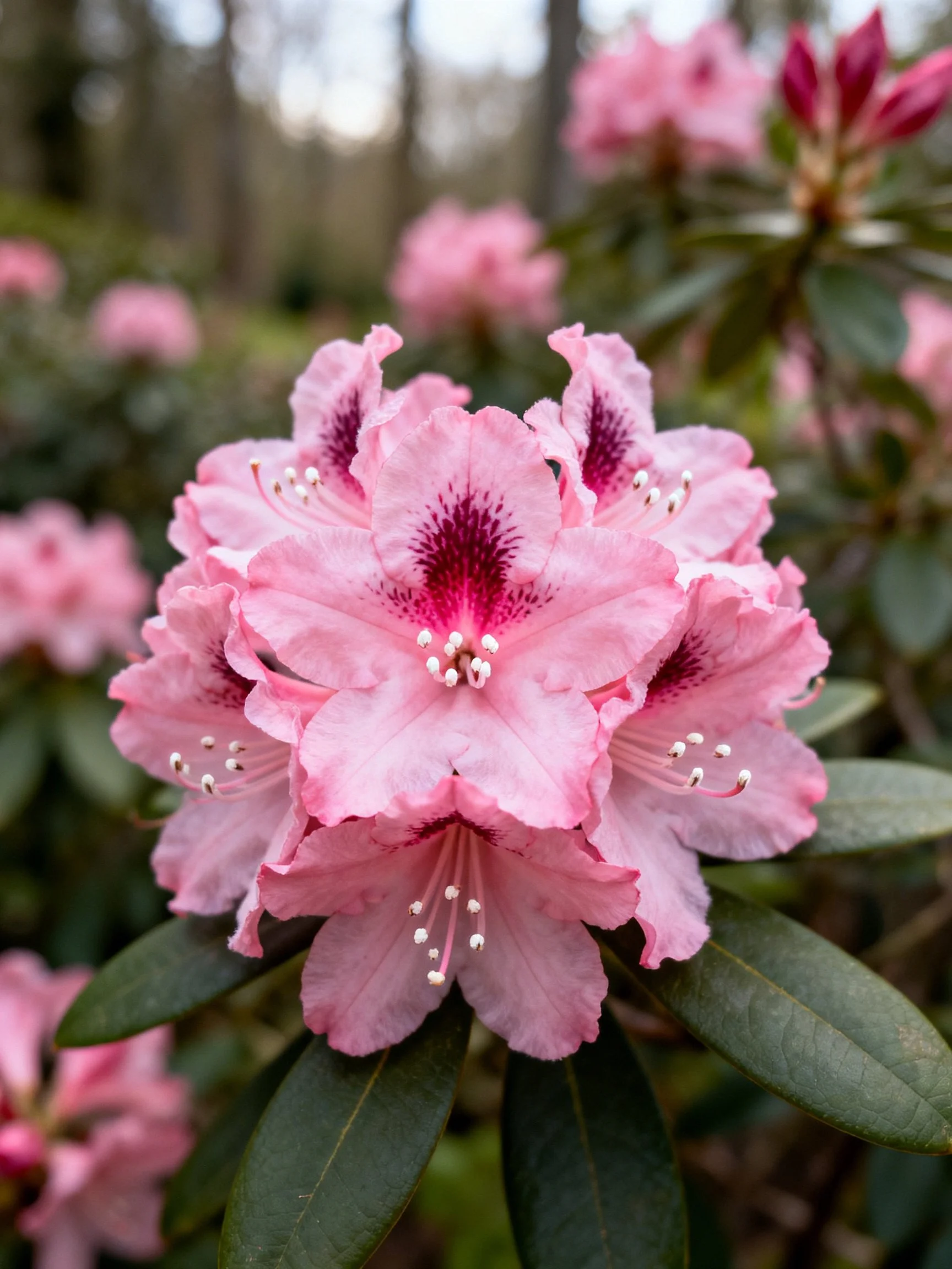 Pink rhododendron blooms with dark centers among green foliage